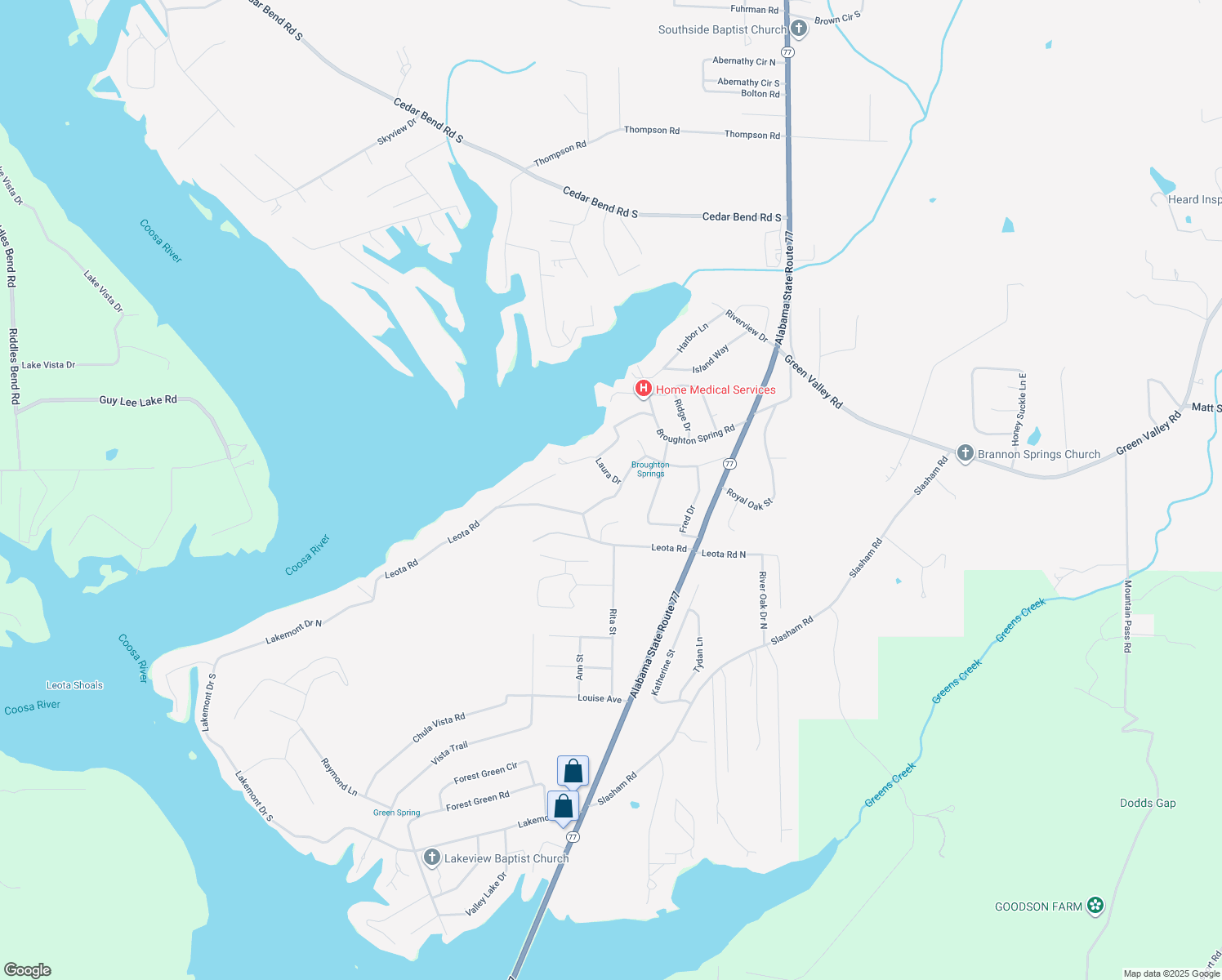 map of restaurants, bars, coffee shops, grocery stores, and more near 5368 Mountain Top Drive in Gadsden