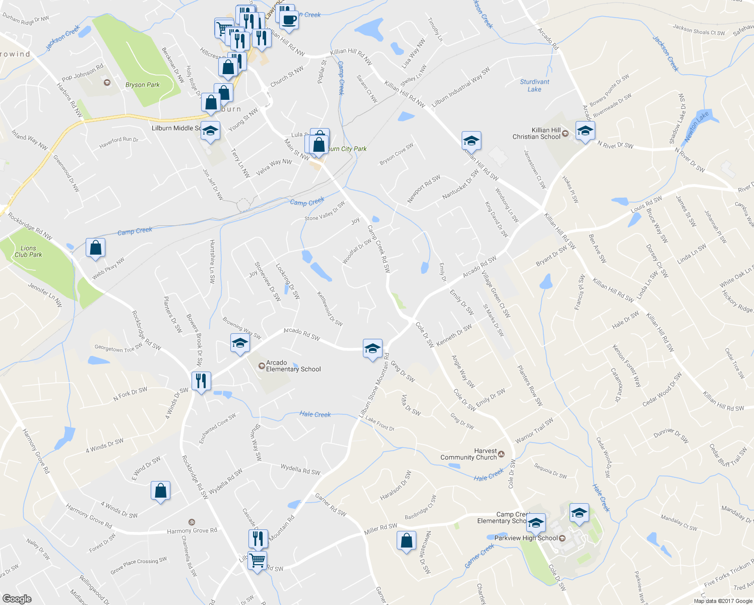 map of restaurants, bars, coffee shops, grocery stores, and more near 240 Flowers Cove Lane in Lilburn
