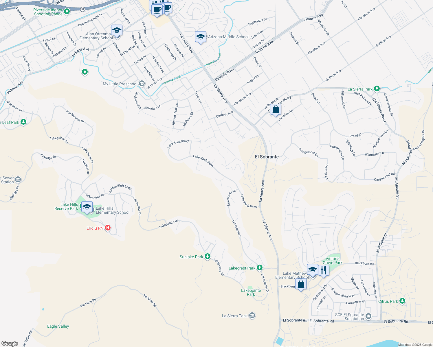 map of restaurants, bars, coffee shops, grocery stores, and more near 16727 Lake Knoll Parkway in Riverside