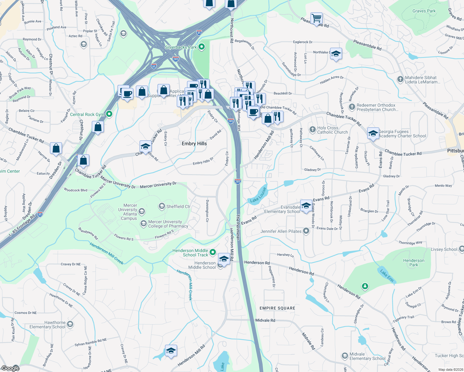 map of restaurants, bars, coffee shops, grocery stores, and more near 3003 Medinah Ct in Chamblee