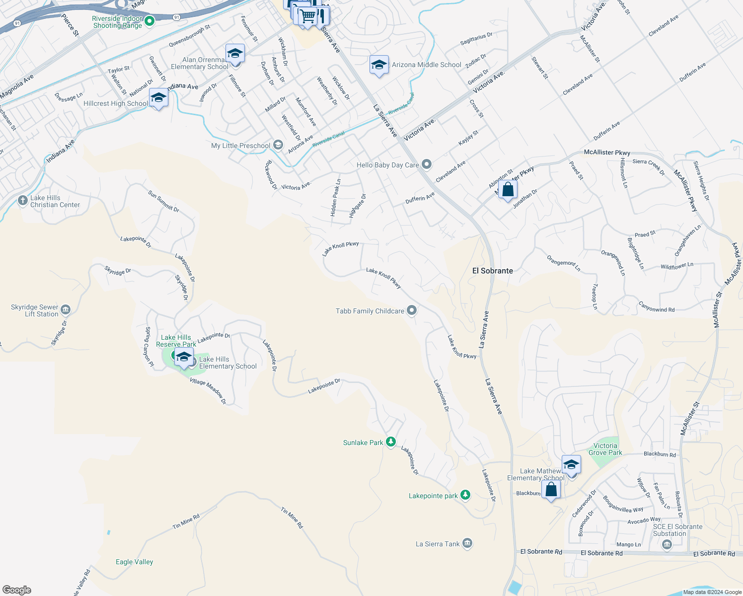 map of restaurants, bars, coffee shops, grocery stores, and more near 16679 Rocky Creek Drive in Riverside