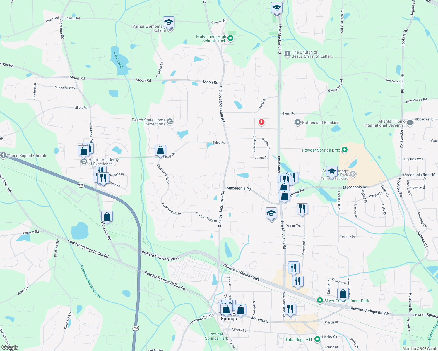 map of restaurants, bars, coffee shops, grocery stores, and more near 3209 Leprechaun Ln in Powder Springs