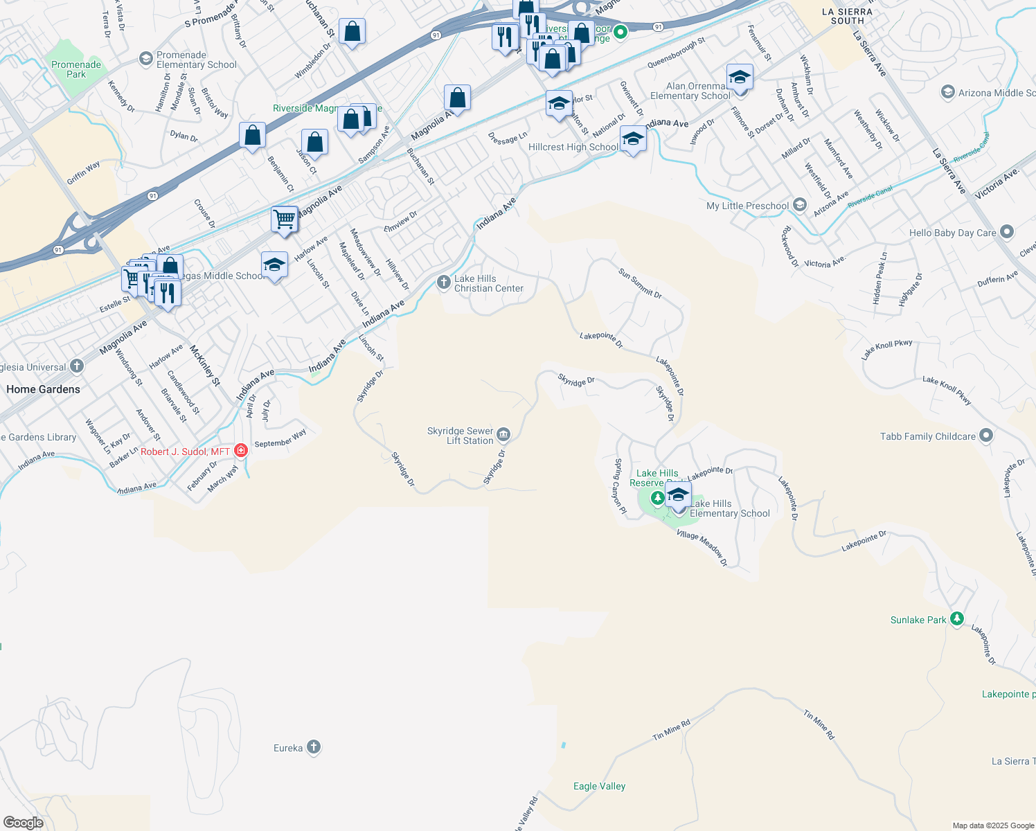 map of restaurants, bars, coffee shops, grocery stores, and more near 16696 South Peak Court in Riverside