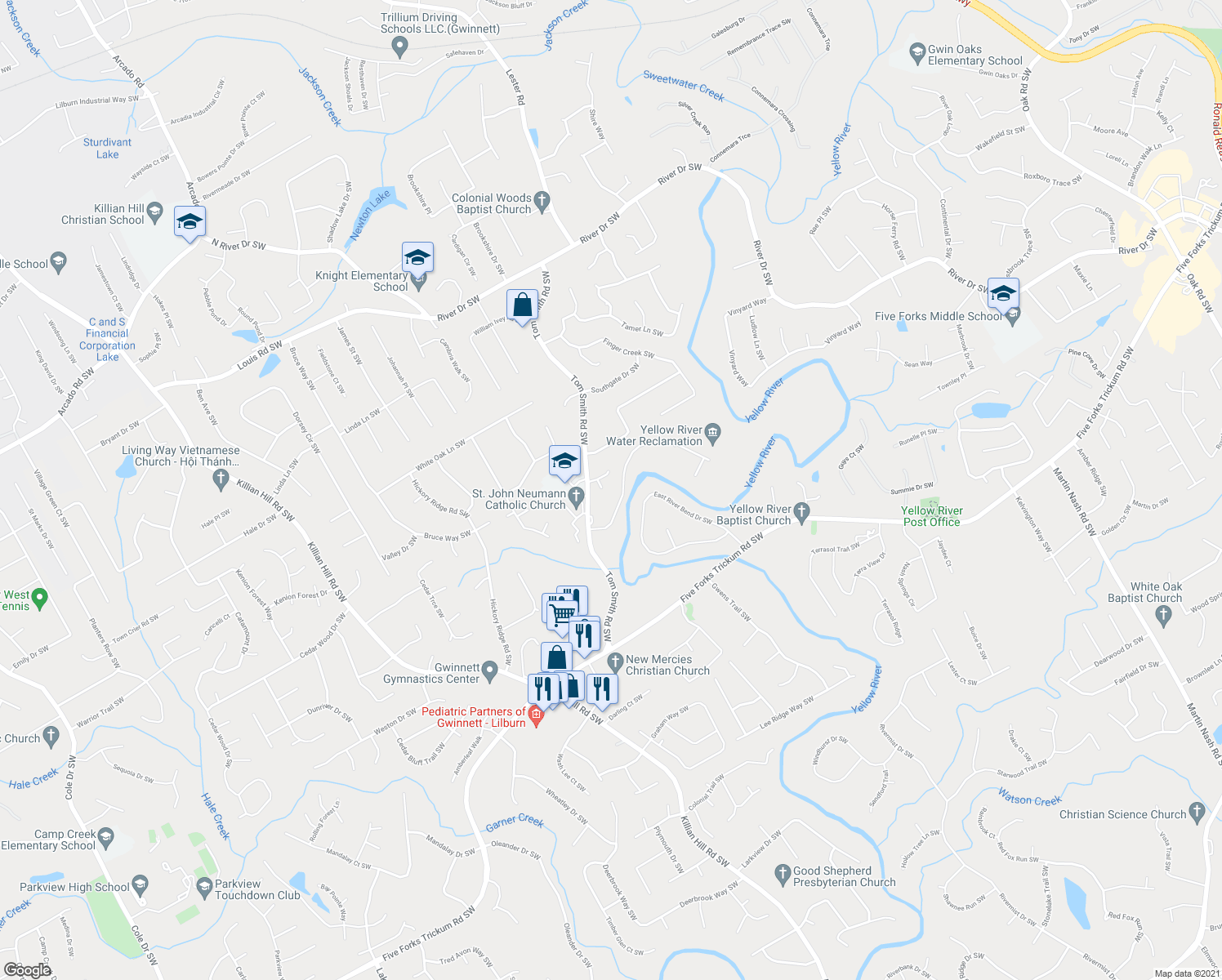 map of restaurants, bars, coffee shops, grocery stores, and more near 760 Ryans Run Ct SW in Lilburn