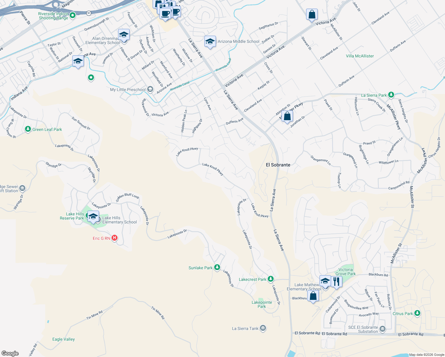 map of restaurants, bars, coffee shops, grocery stores, and more near 17411 Crestlake Lane in Riverside