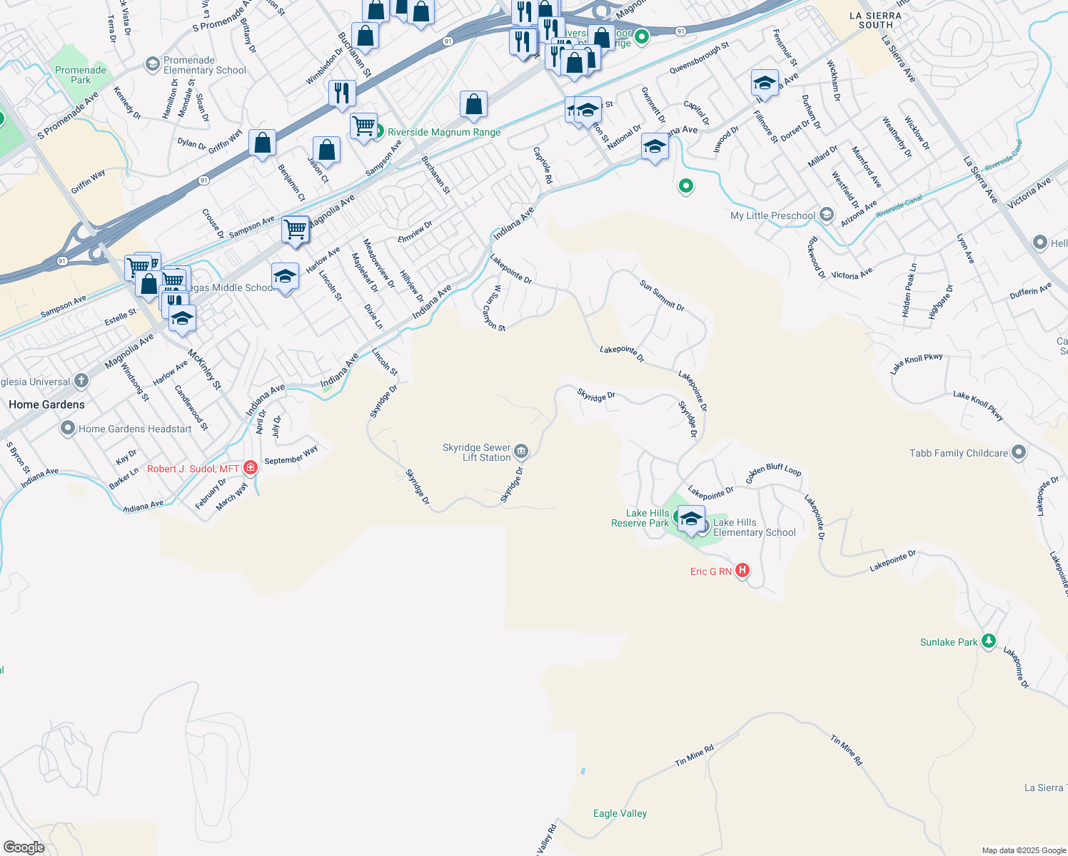 map of restaurants, bars, coffee shops, grocery stores, and more near 16696 South Peak Court in Riverside