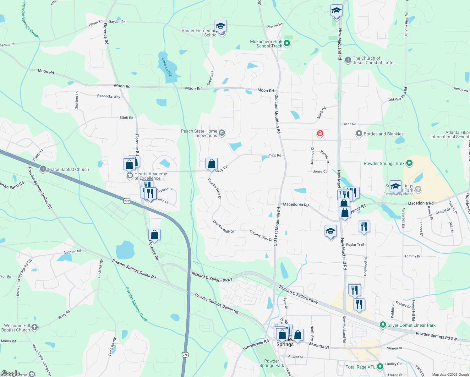map of restaurants, bars, coffee shops, grocery stores, and more near 4768 Longwood Court in Powder Springs