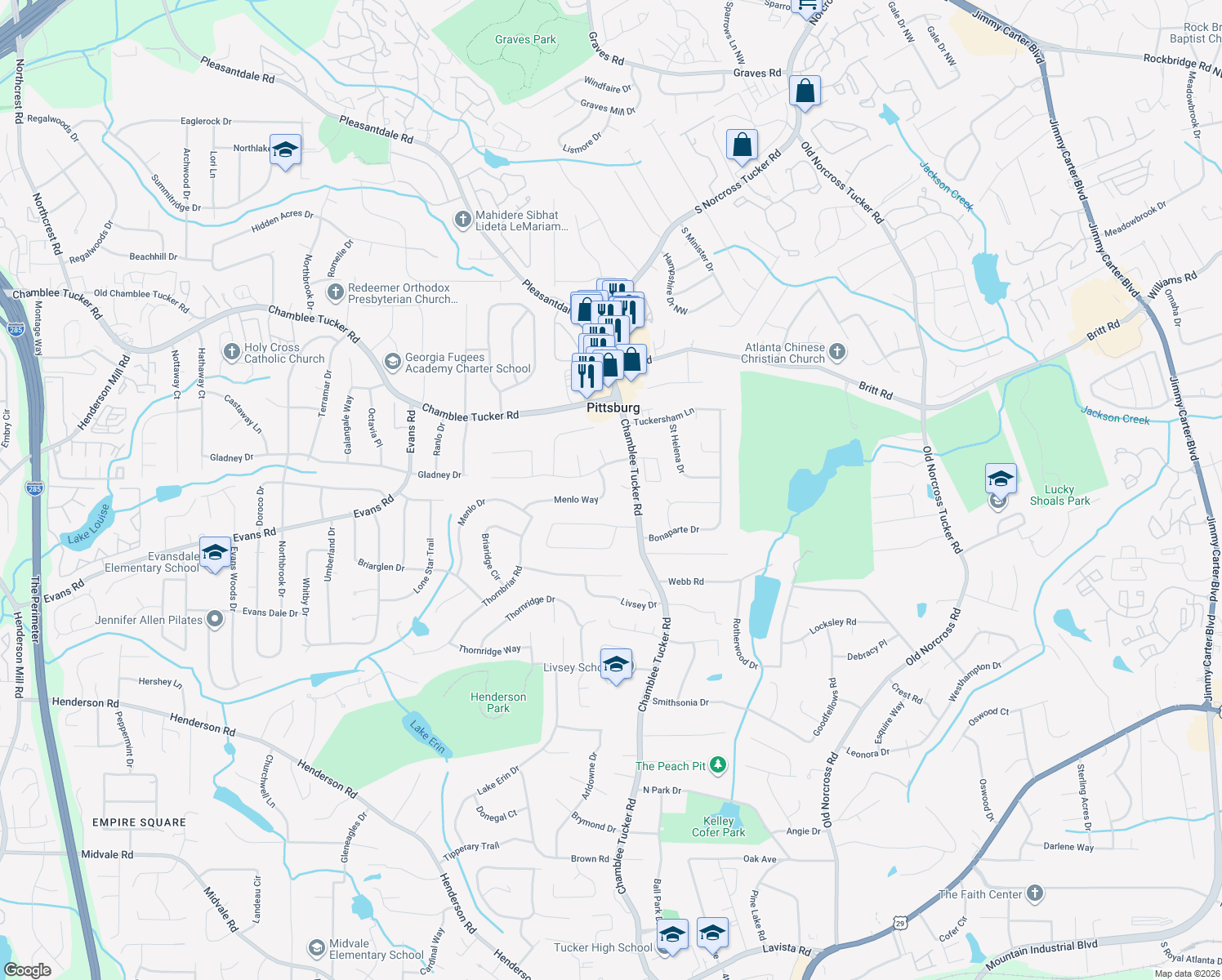 map of restaurants, bars, coffee shops, grocery stores, and more near 4125 Menlo Way in Doraville