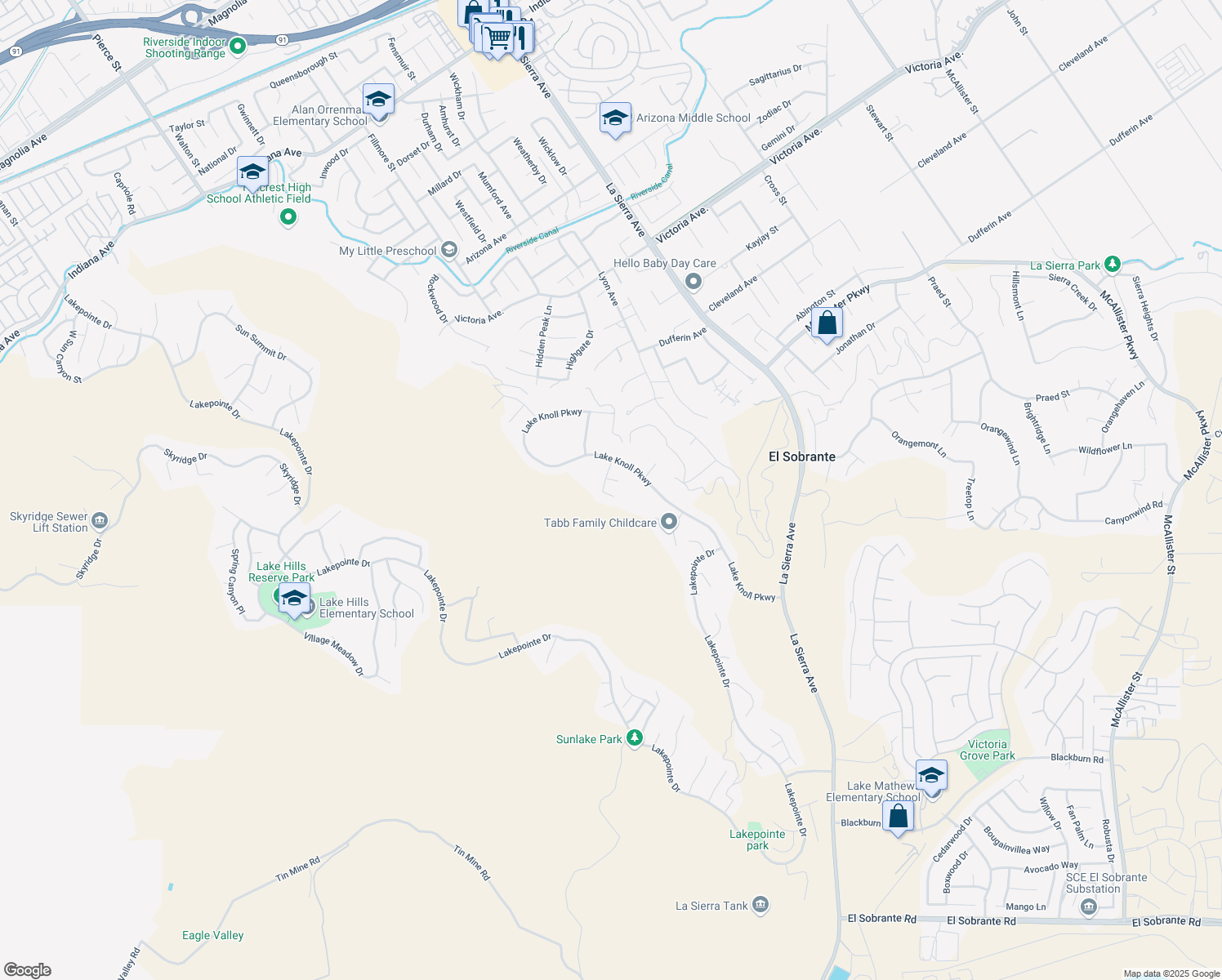 map of restaurants, bars, coffee shops, grocery stores, and more near 16664 Rocky Creek Drive in Riverside