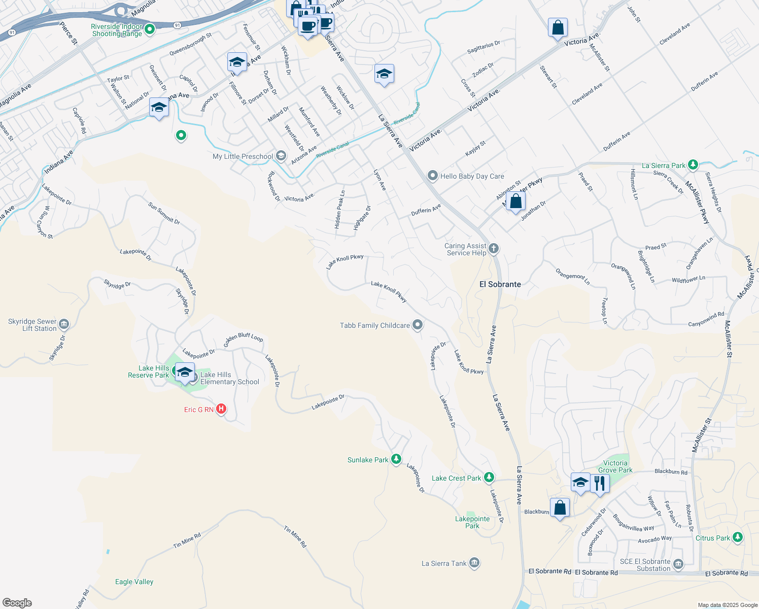 map of restaurants, bars, coffee shops, grocery stores, and more near 16664 Rocky Creek Drive in Riverside