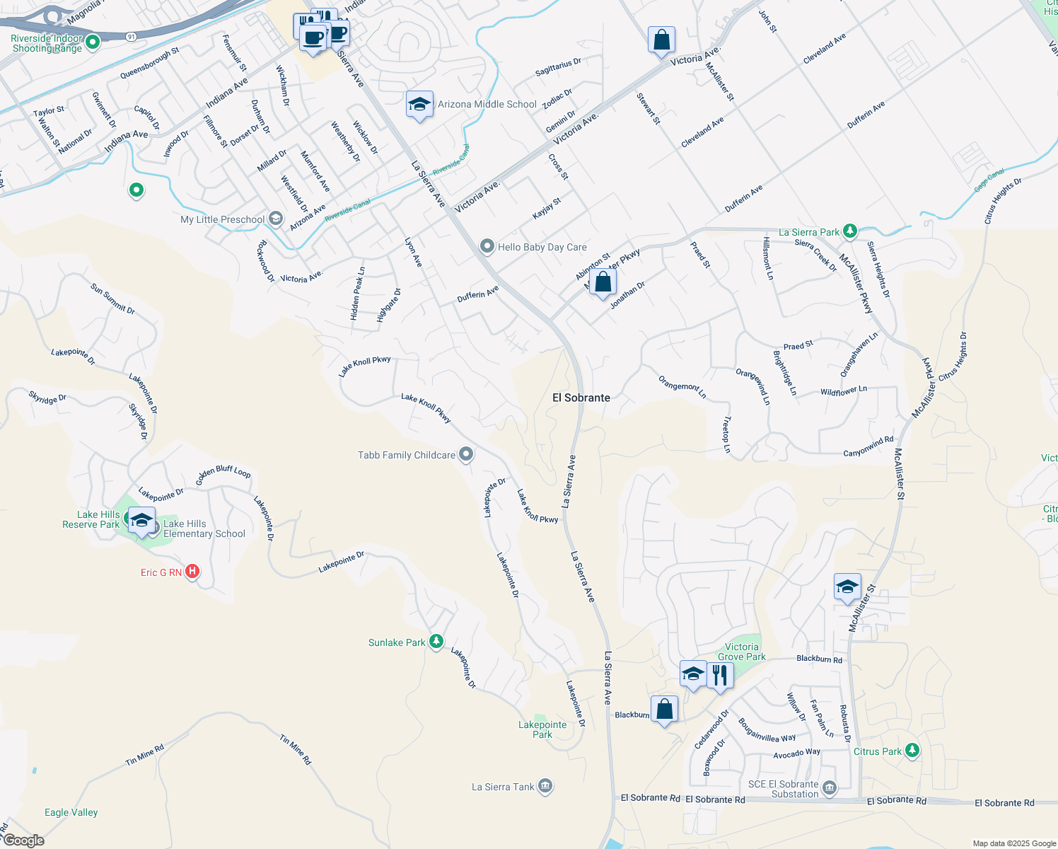 map of restaurants, bars, coffee shops, grocery stores, and more near 1993 Lyon Avenue in Riverside