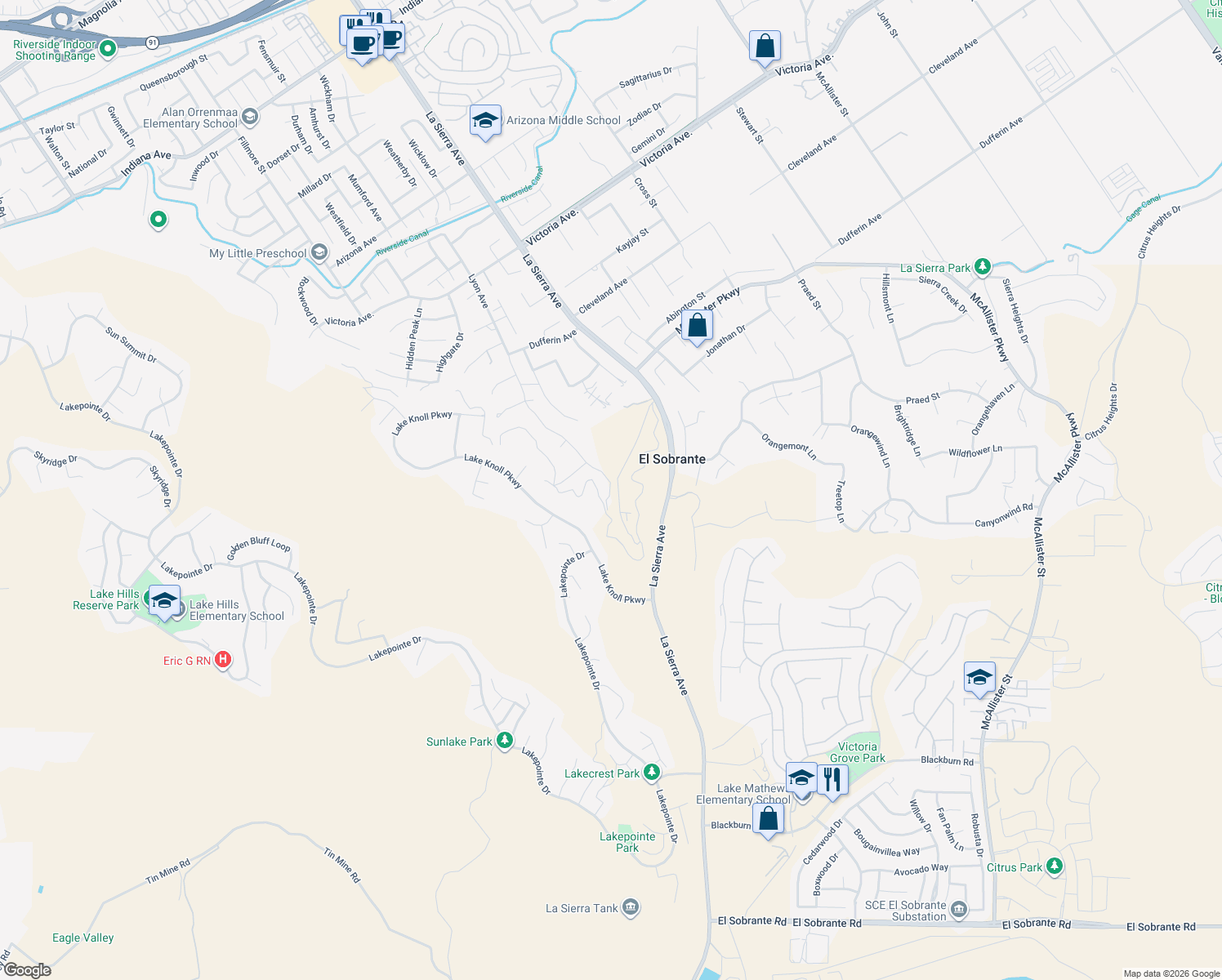 map of restaurants, bars, coffee shops, grocery stores, and more near 1996 Lyon Avenue in Riverside