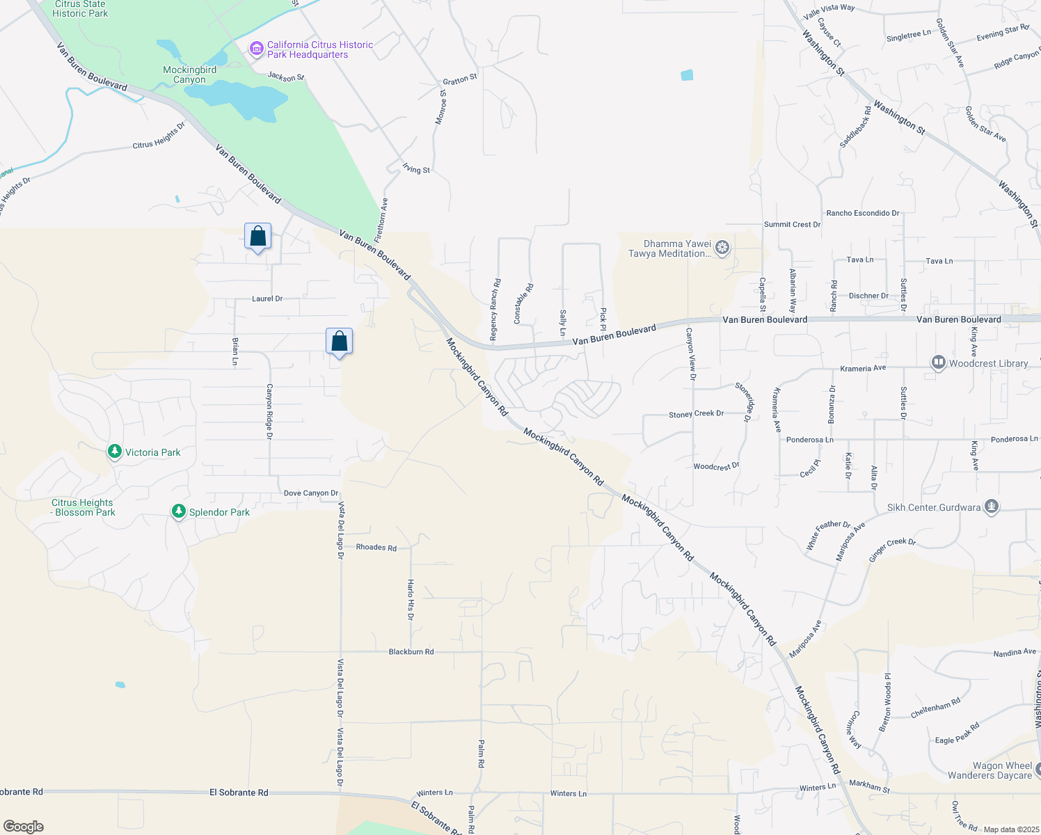 map of restaurants, bars, coffee shops, grocery stores, and more near 16672 Mockingbird Canyon Road in Riverside