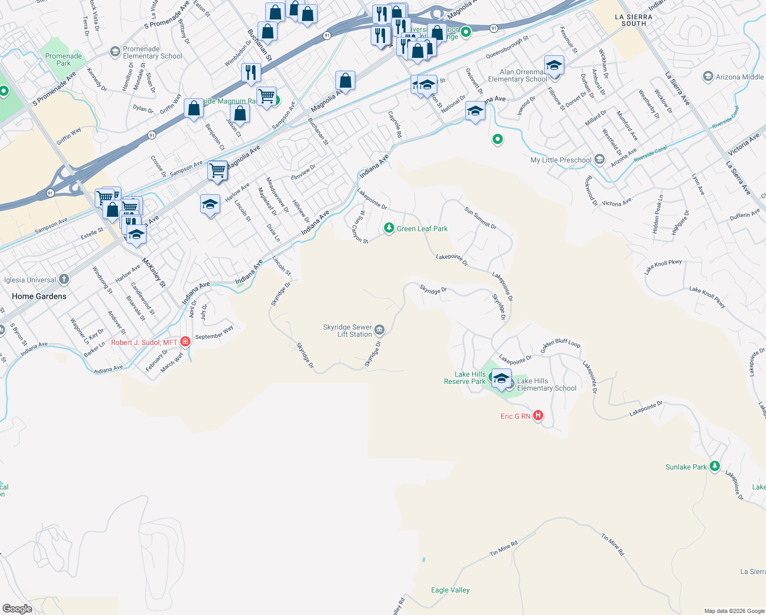 map of restaurants, bars, coffee shops, grocery stores, and more near 16689 South Peak Court in Riverside