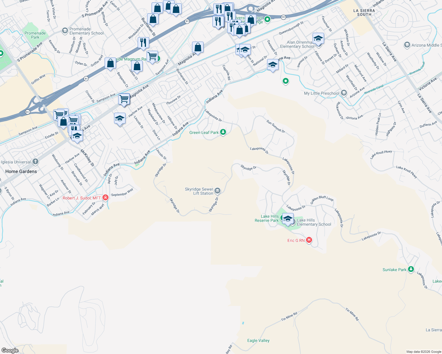 map of restaurants, bars, coffee shops, grocery stores, and more near 16689 South Peak Court in Riverside