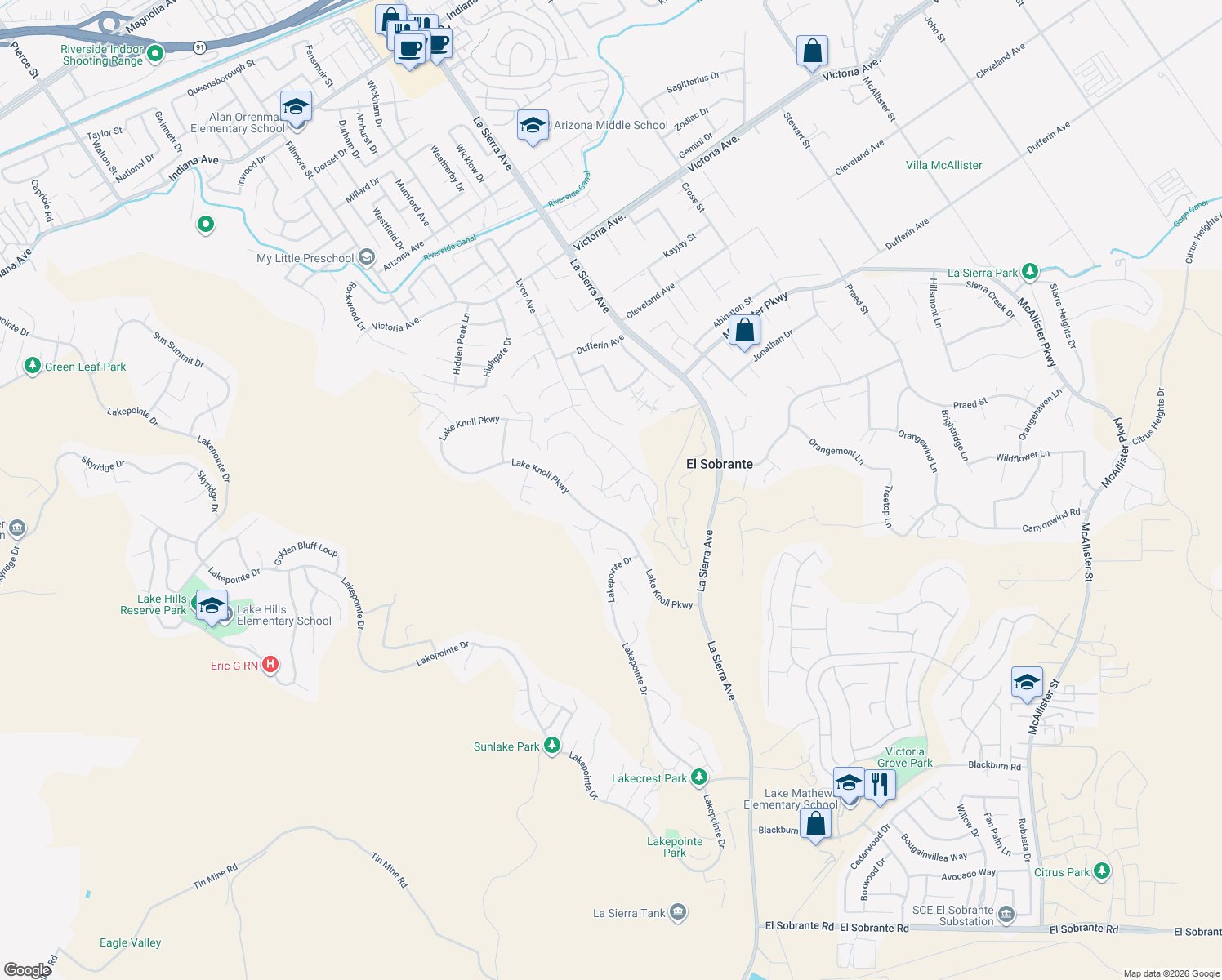 map of restaurants, bars, coffee shops, grocery stores, and more near 11334 Breithorn Court in Riverside