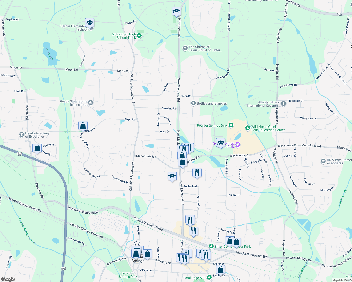 map of restaurants, bars, coffee shops, grocery stores, and more near 3130 New MacLand Rd in Powder Springs