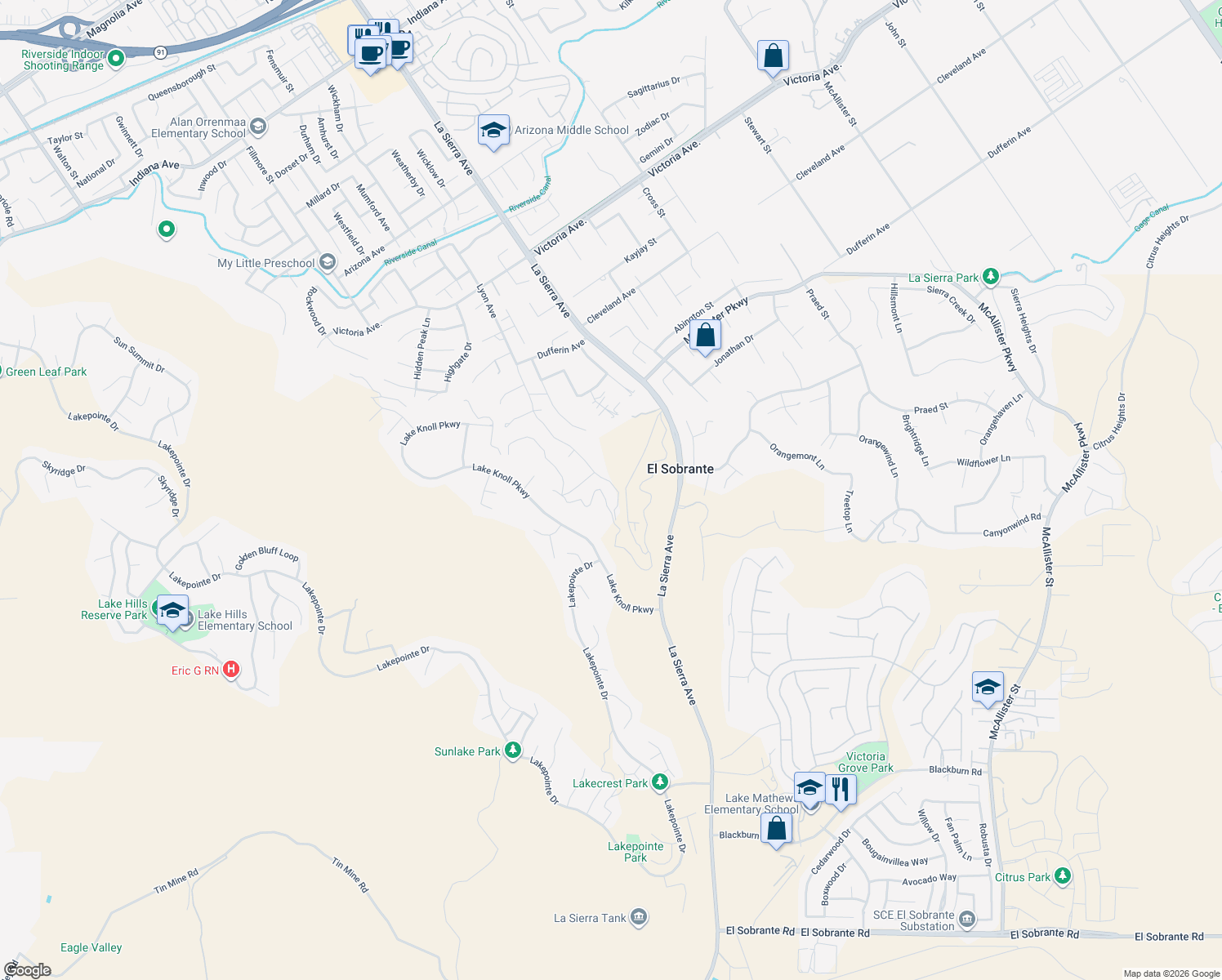 map of restaurants, bars, coffee shops, grocery stores, and more near 1996 Lyon Avenue in Riverside