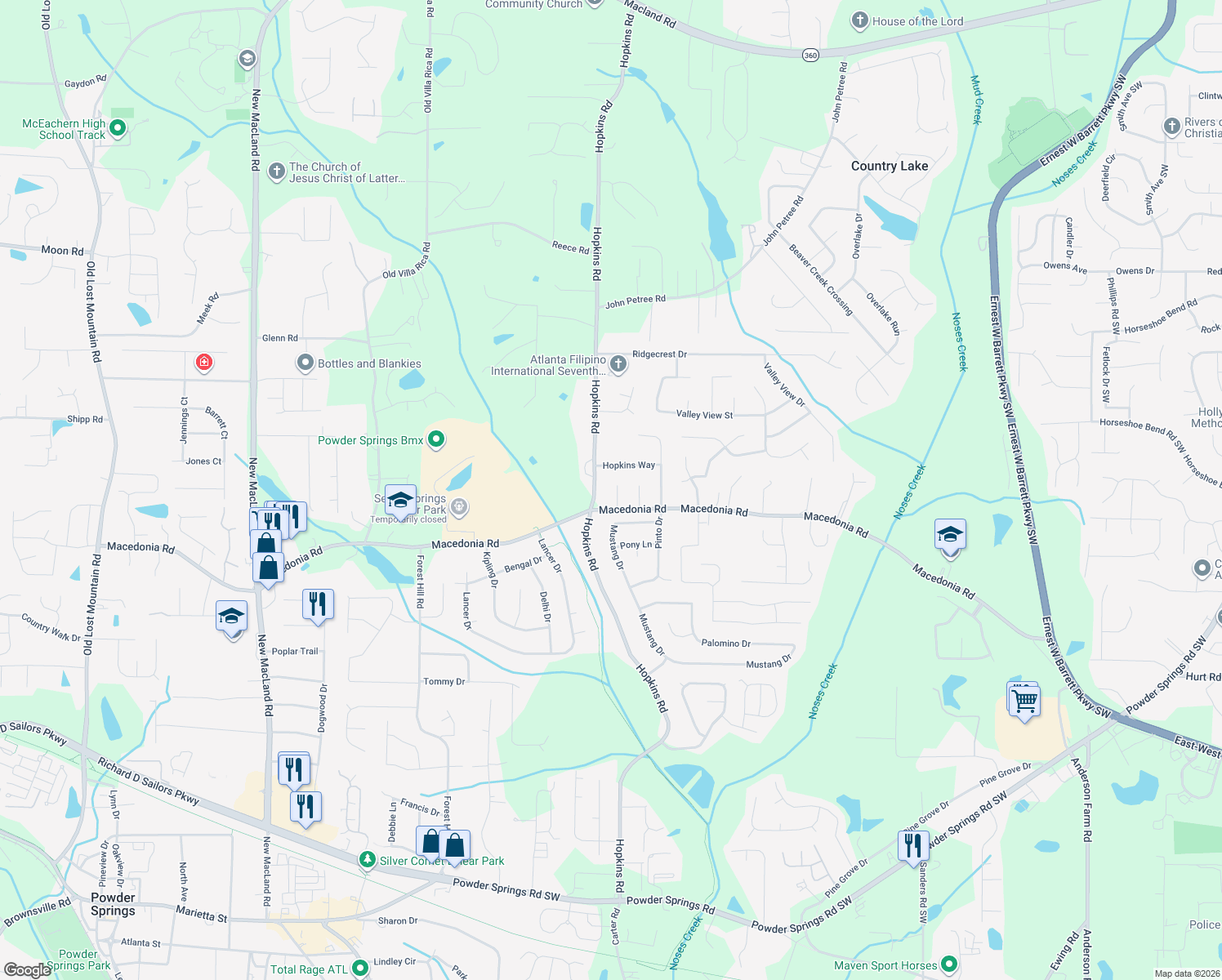 map of restaurants, bars, coffee shops, grocery stores, and more near 3120 Macedonia Pl in Powder Springs