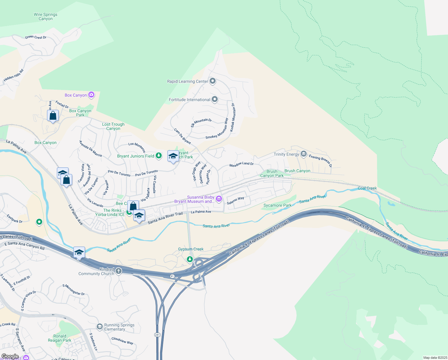map of restaurants, bars, coffee shops, grocery stores, and more near 28005 Blackberry Way in Yorba Linda