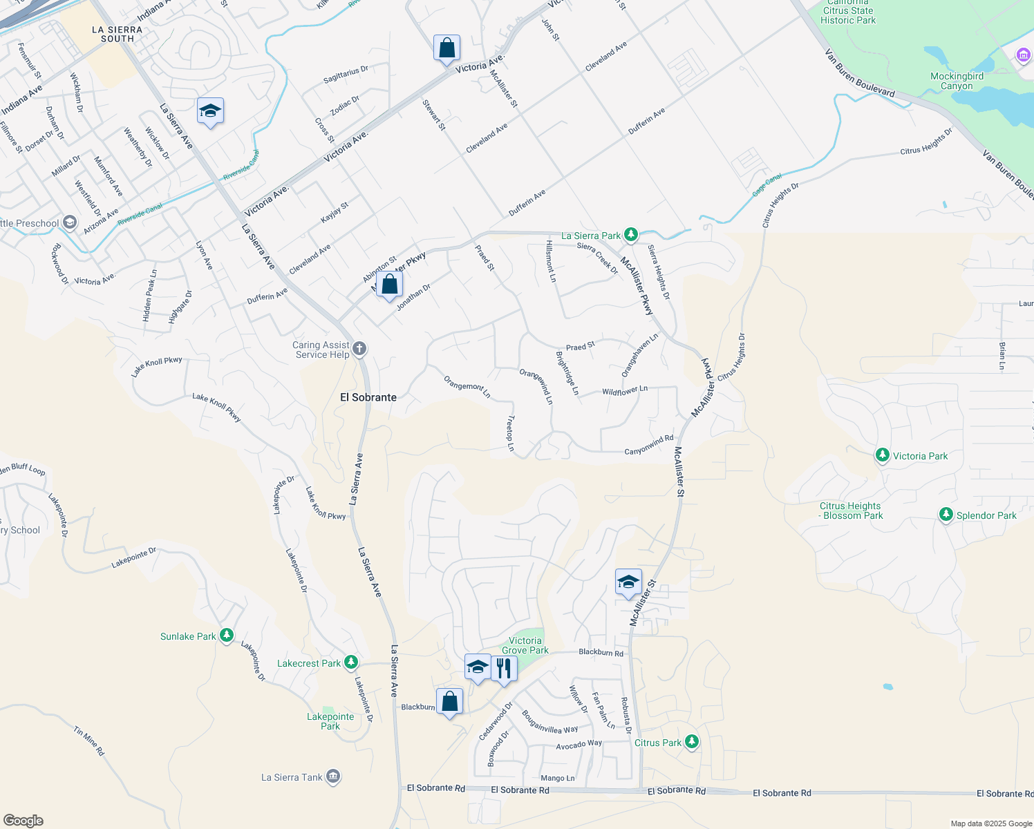 map of restaurants, bars, coffee shops, grocery stores, and more near 16636 Treetop Lane in Riverside