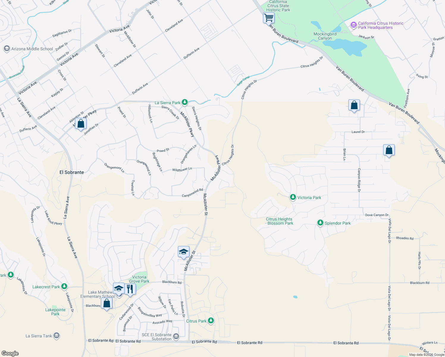 map of restaurants, bars, coffee shops, grocery stores, and more near 13134 Capricornio Street in Riverside