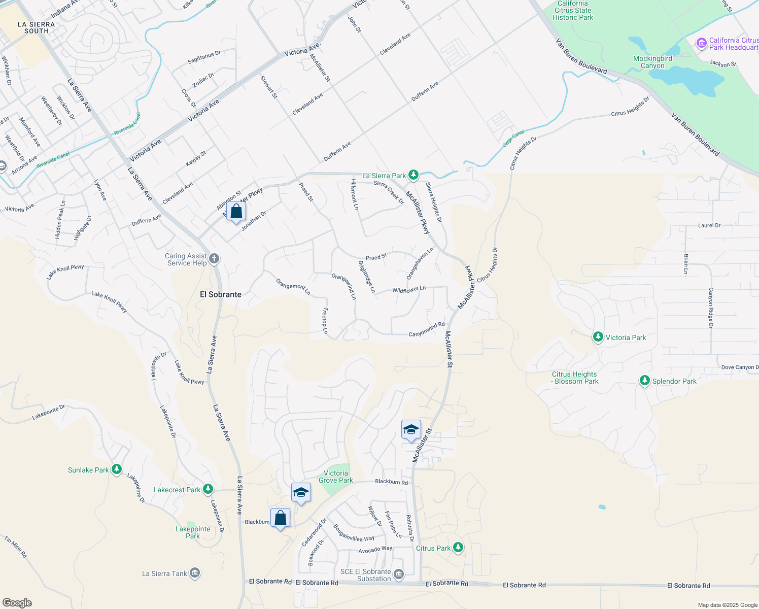 map of restaurants, bars, coffee shops, grocery stores, and more near 16595 Brightridge Lane in Riverside
