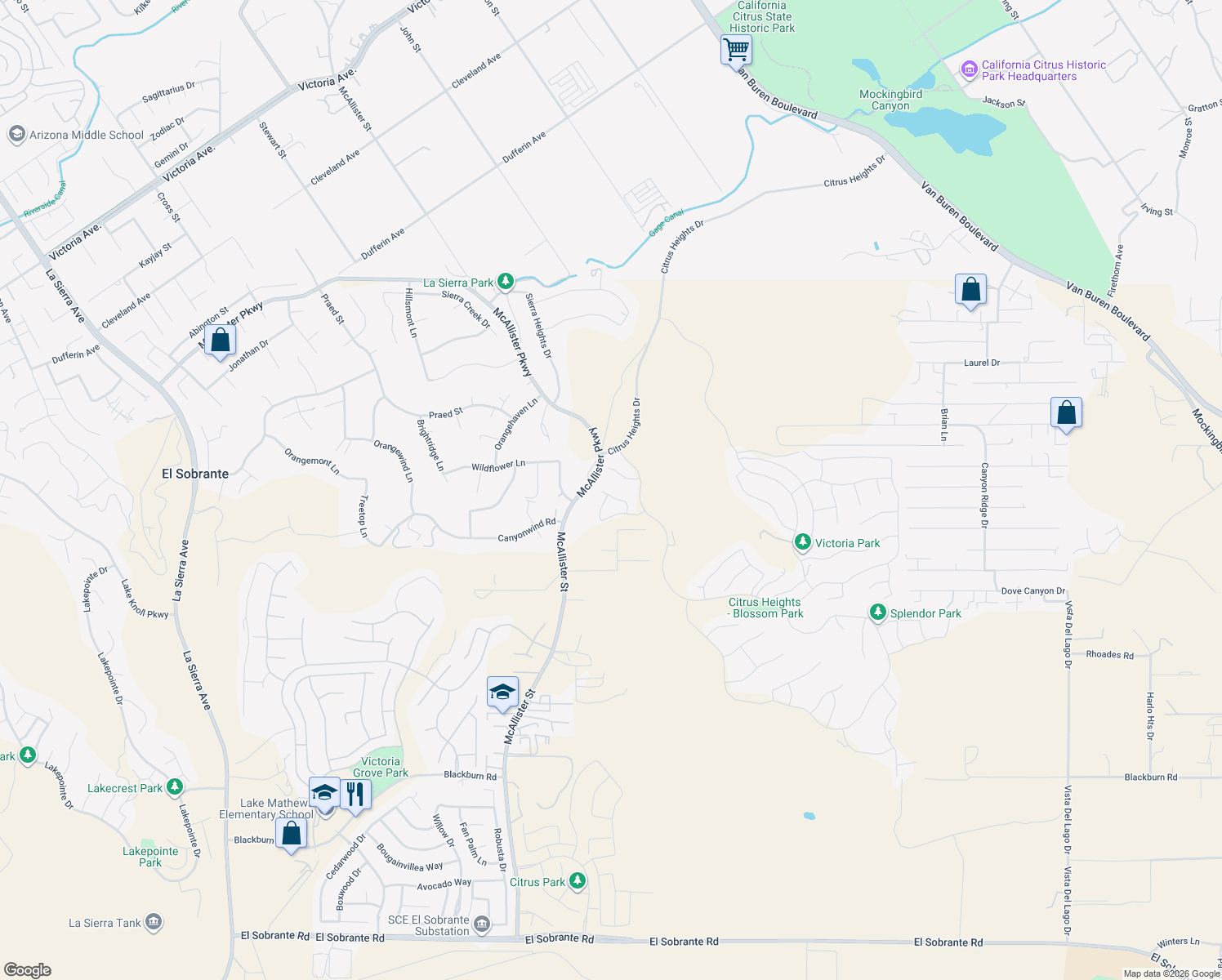 map of restaurants, bars, coffee shops, grocery stores, and more near 13134 Capricornio Street in Riverside