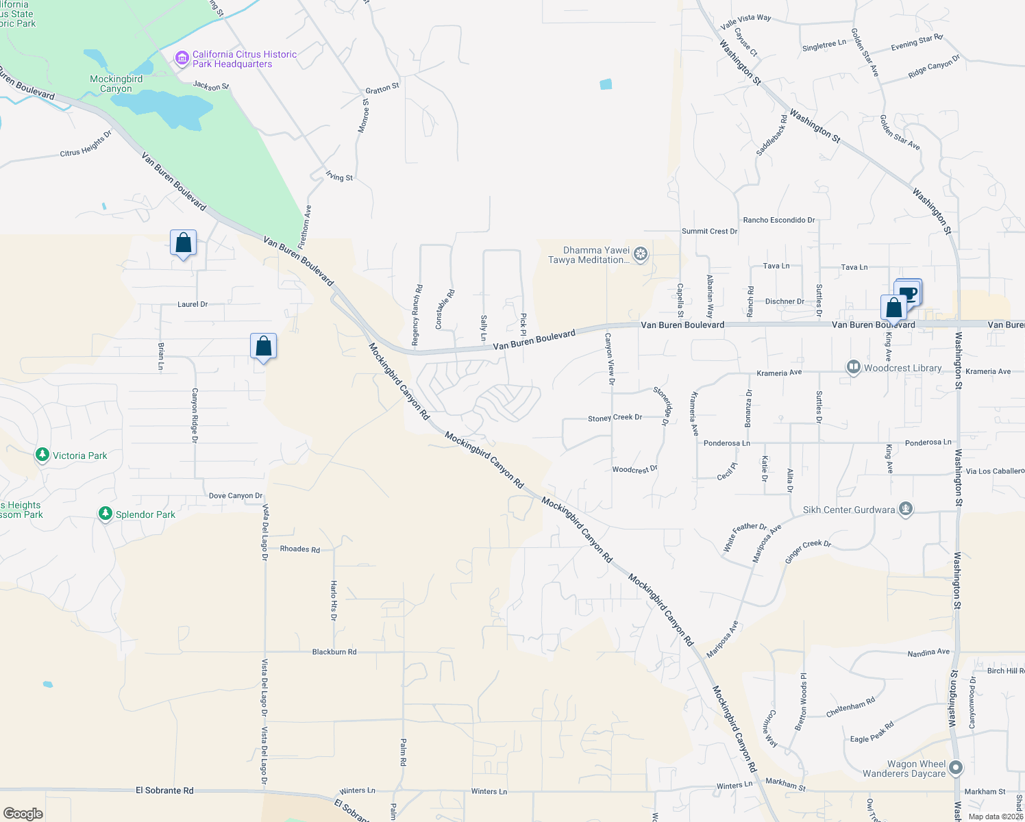 map of restaurants, bars, coffee shops, grocery stores, and more near 15181 Van Buren Boulevard in Riverside