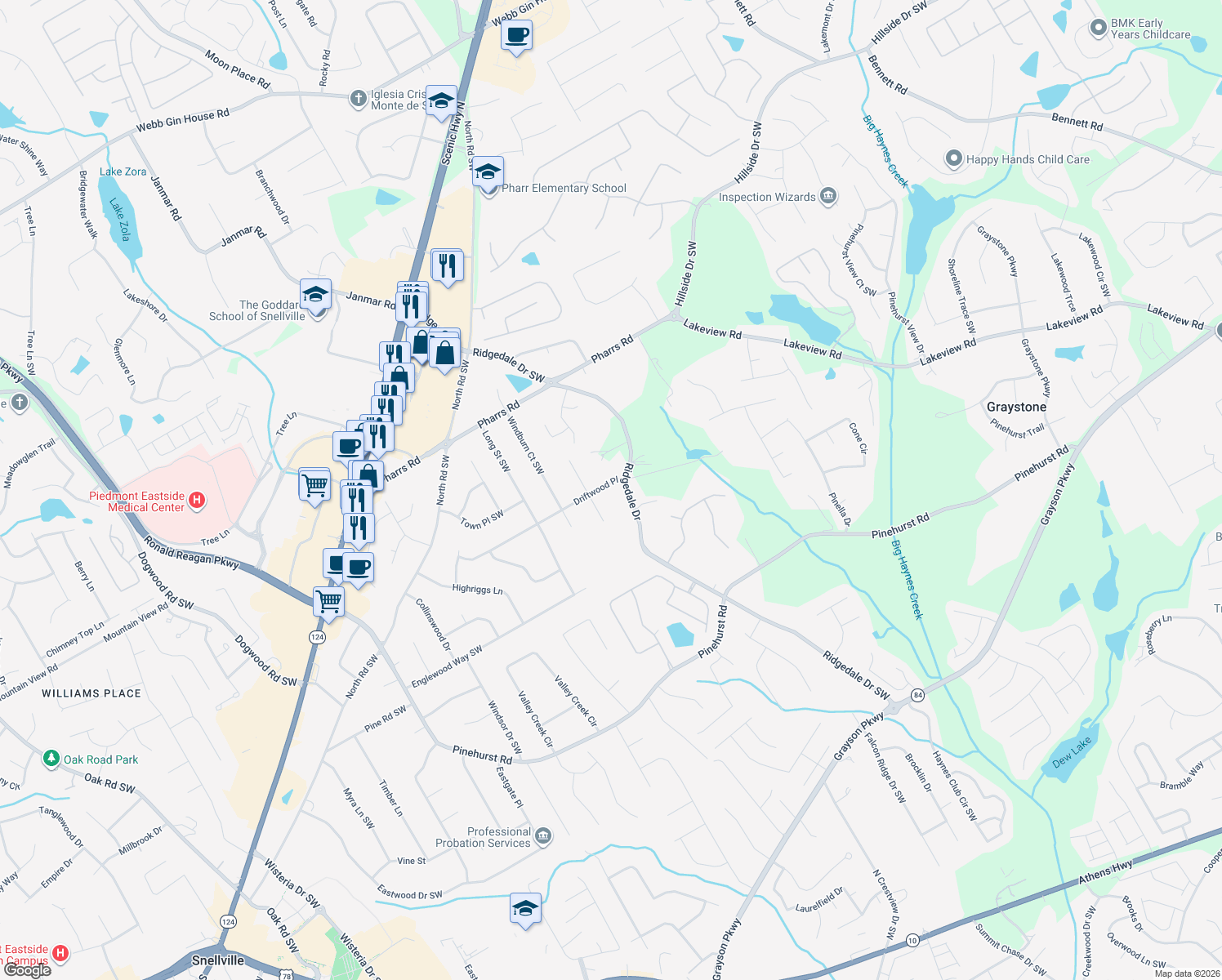map of restaurants, bars, coffee shops, grocery stores, and more near 1712 Driftwood Pl in Snellville
