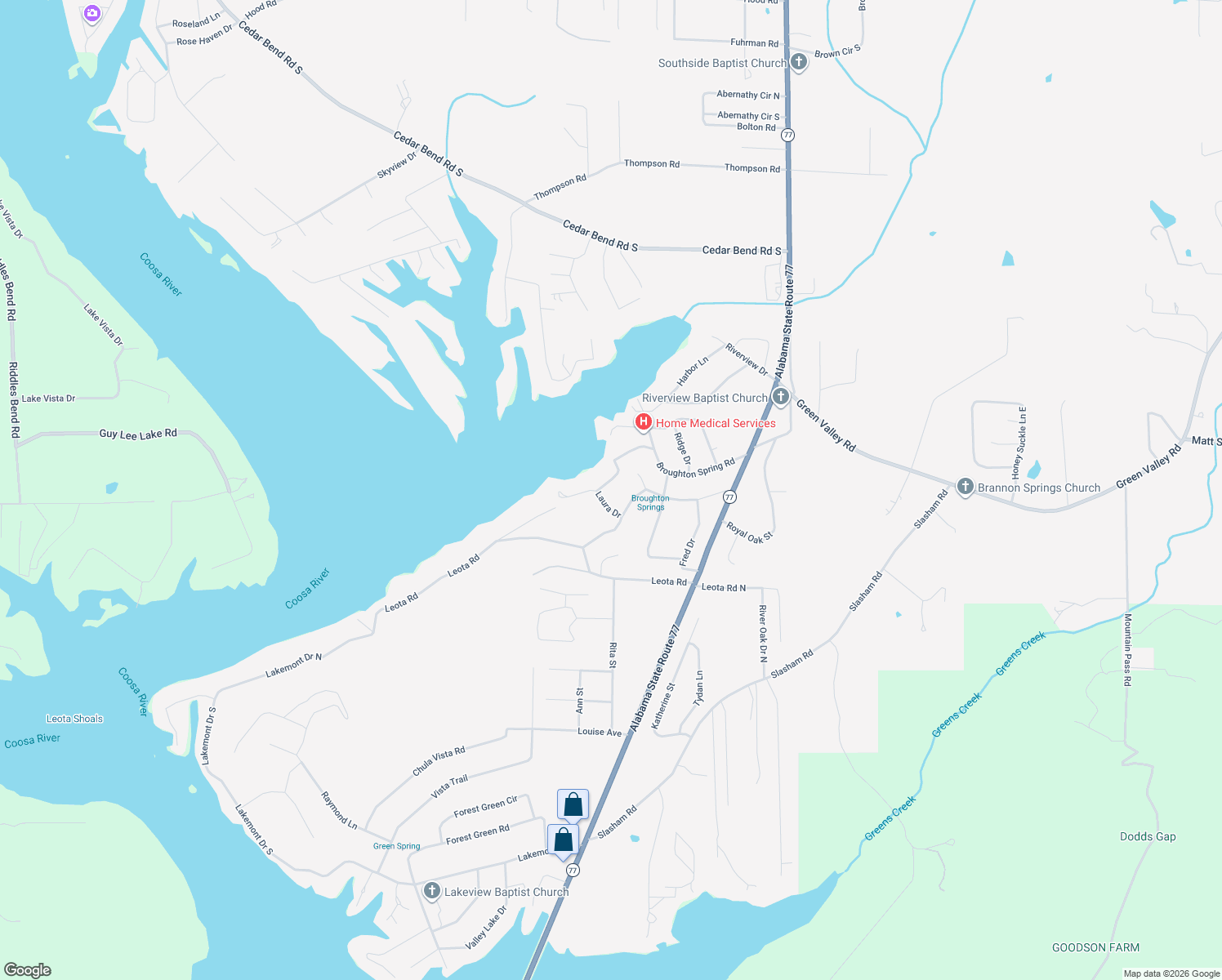 map of restaurants, bars, coffee shops, grocery stores, and more near 5255 Spring Drive in Gadsden