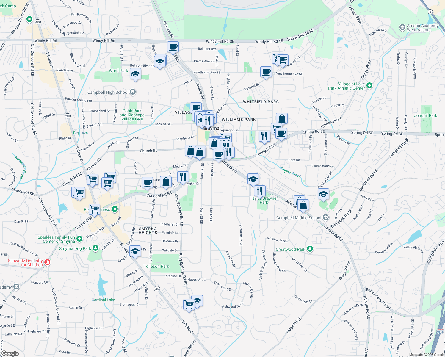 map of restaurants, bars, coffee shops, grocery stores, and more near 3127 Wills St in Smyrna