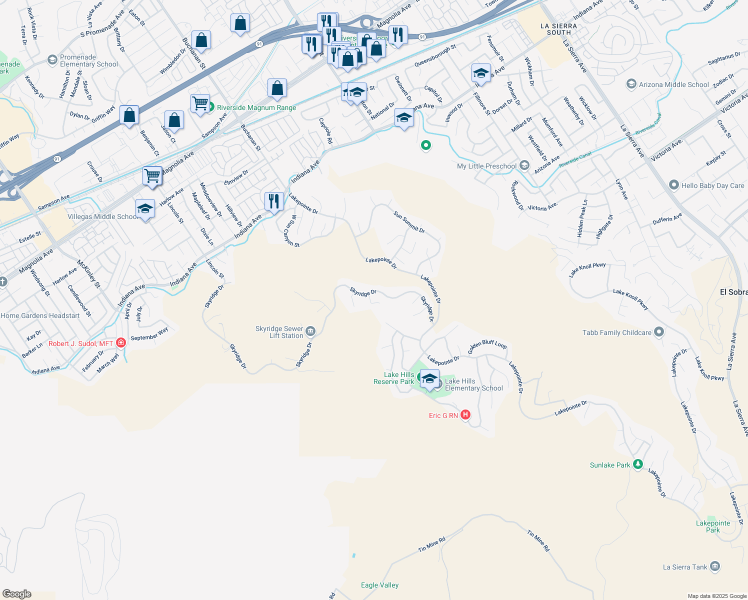 map of restaurants, bars, coffee shops, grocery stores, and more near 16068 Blue Mountain Court in Riverside