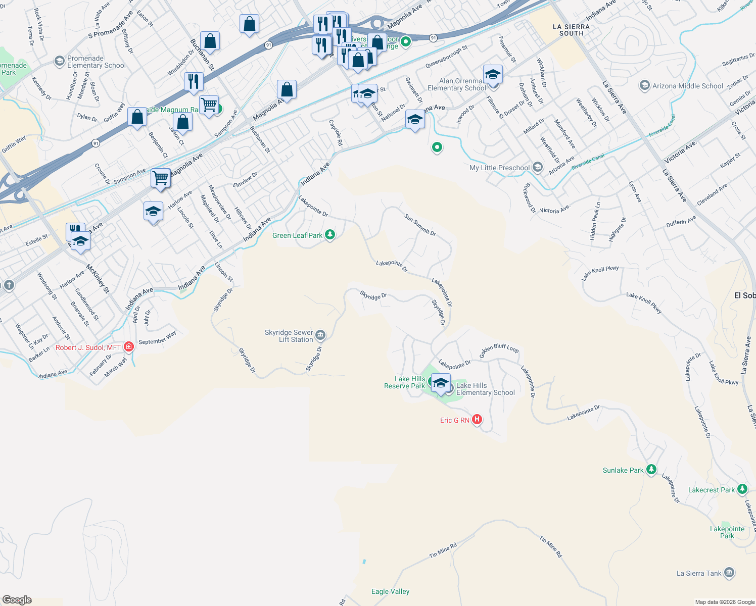 map of restaurants, bars, coffee shops, grocery stores, and more near 16049 Blue Mountain Court in Riverside
