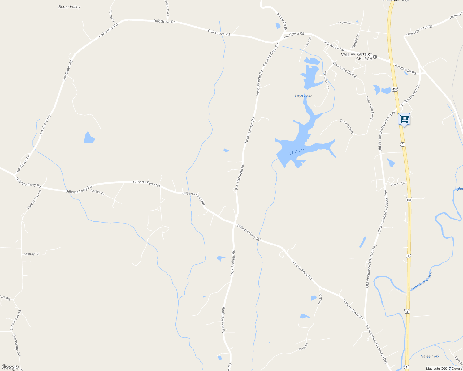map of restaurants, bars, coffee shops, grocery stores, and more near 5345 Rock Springs Road in Gadsden