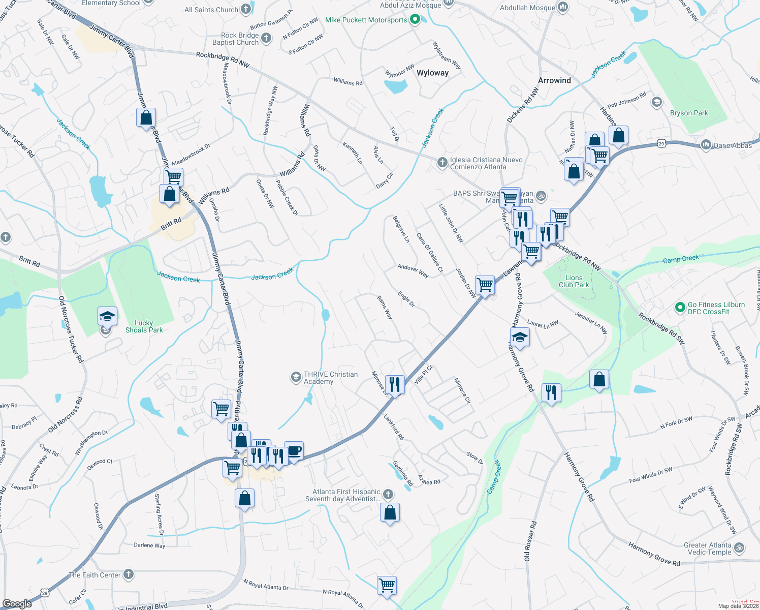 map of restaurants, bars, coffee shops, grocery stores, and more near 470 Rams Way in Tucker