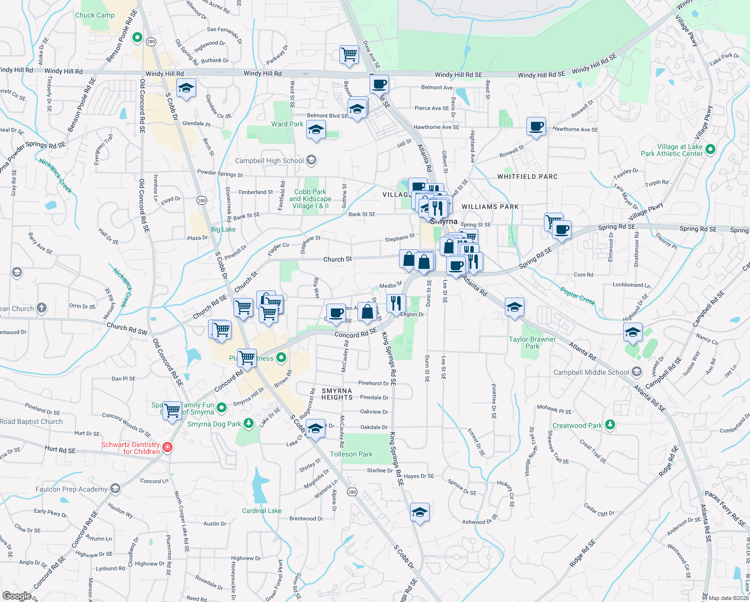 map of restaurants, bars, coffee shops, grocery stores, and more near 3083 Dunton St in Smyrna