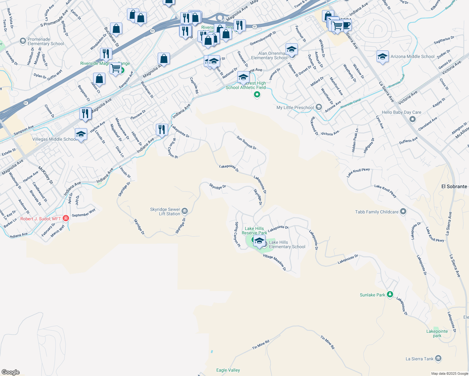 map of restaurants, bars, coffee shops, grocery stores, and more near 16154 Skyridge Drive in Riverside