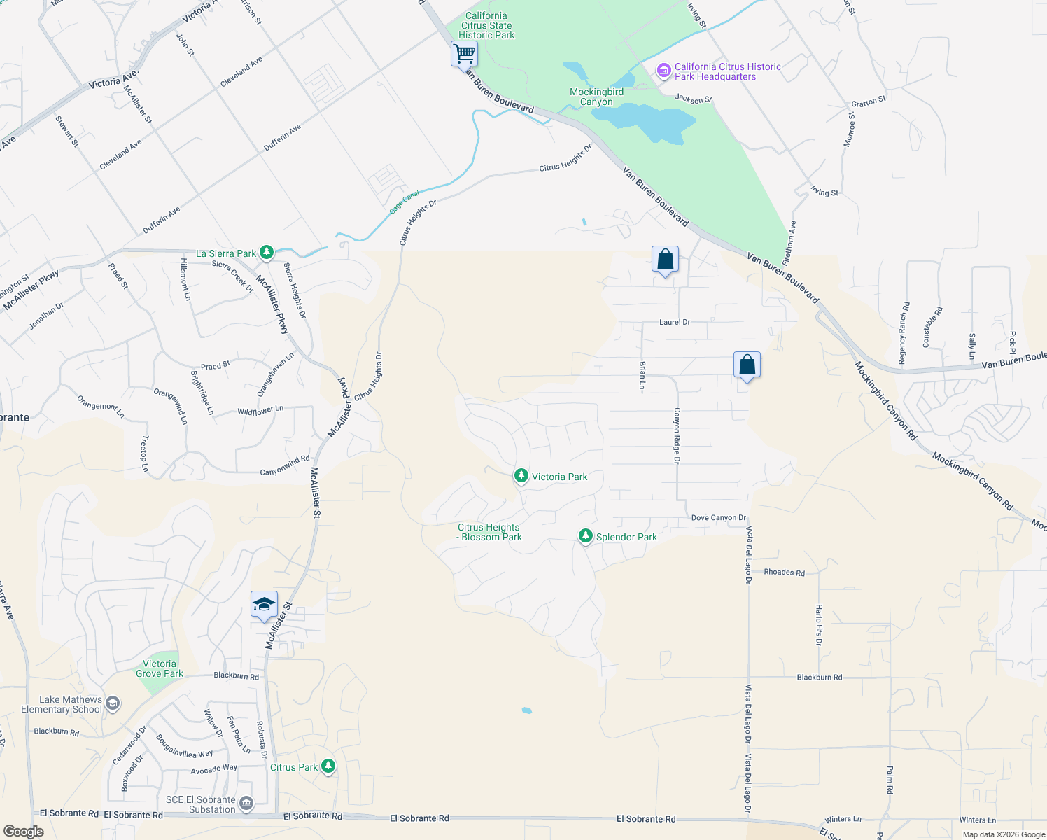 map of restaurants, bars, coffee shops, grocery stores, and more near 13717 Constance Avenue in Riverside