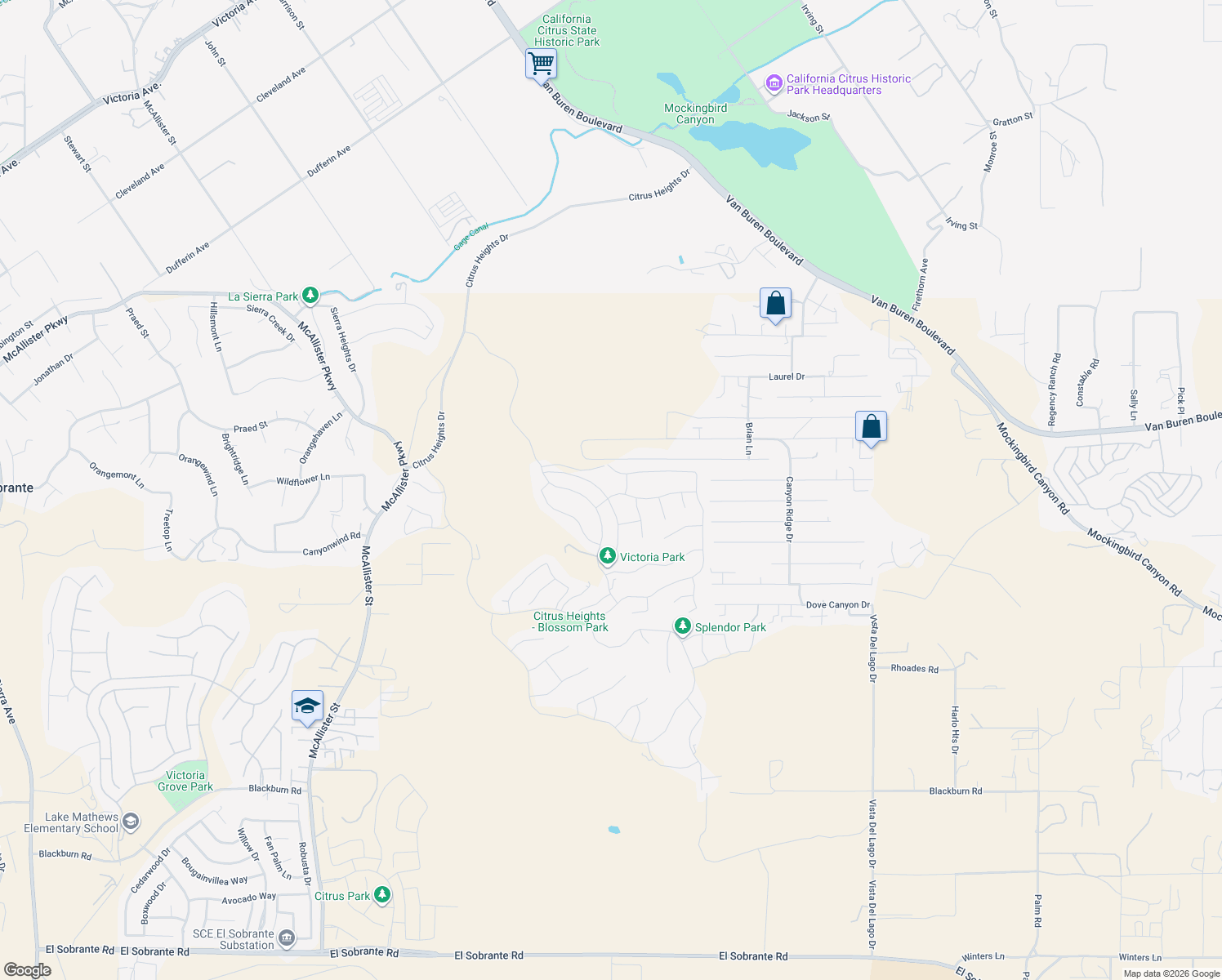 map of restaurants, bars, coffee shops, grocery stores, and more near 13717 Constance Avenue in Riverside
