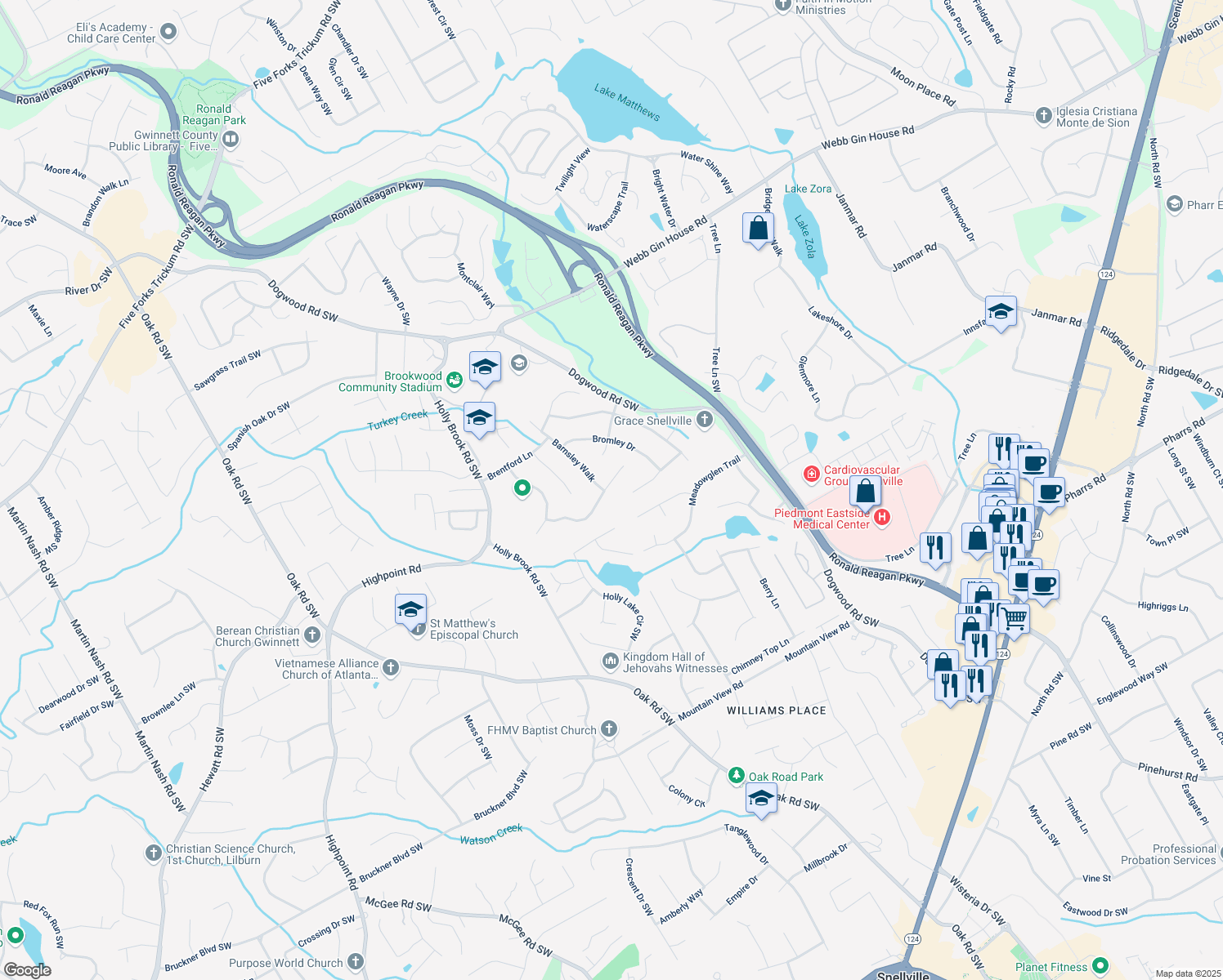 map of restaurants, bars, coffee shops, grocery stores, and more near 2552 Berwick Walk in Snellville