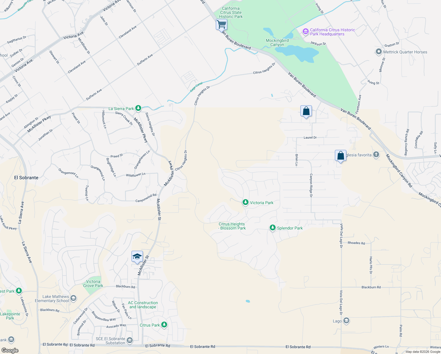 map of restaurants, bars, coffee shops, grocery stores, and more near 16499 Key Lime Boulevard in Riverside