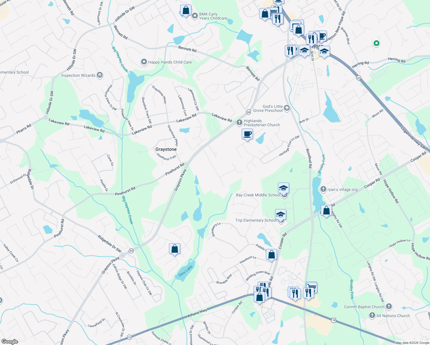 map of restaurants, bars, coffee shops, grocery stores, and more near 2265 Wilshire Dr in Grayson