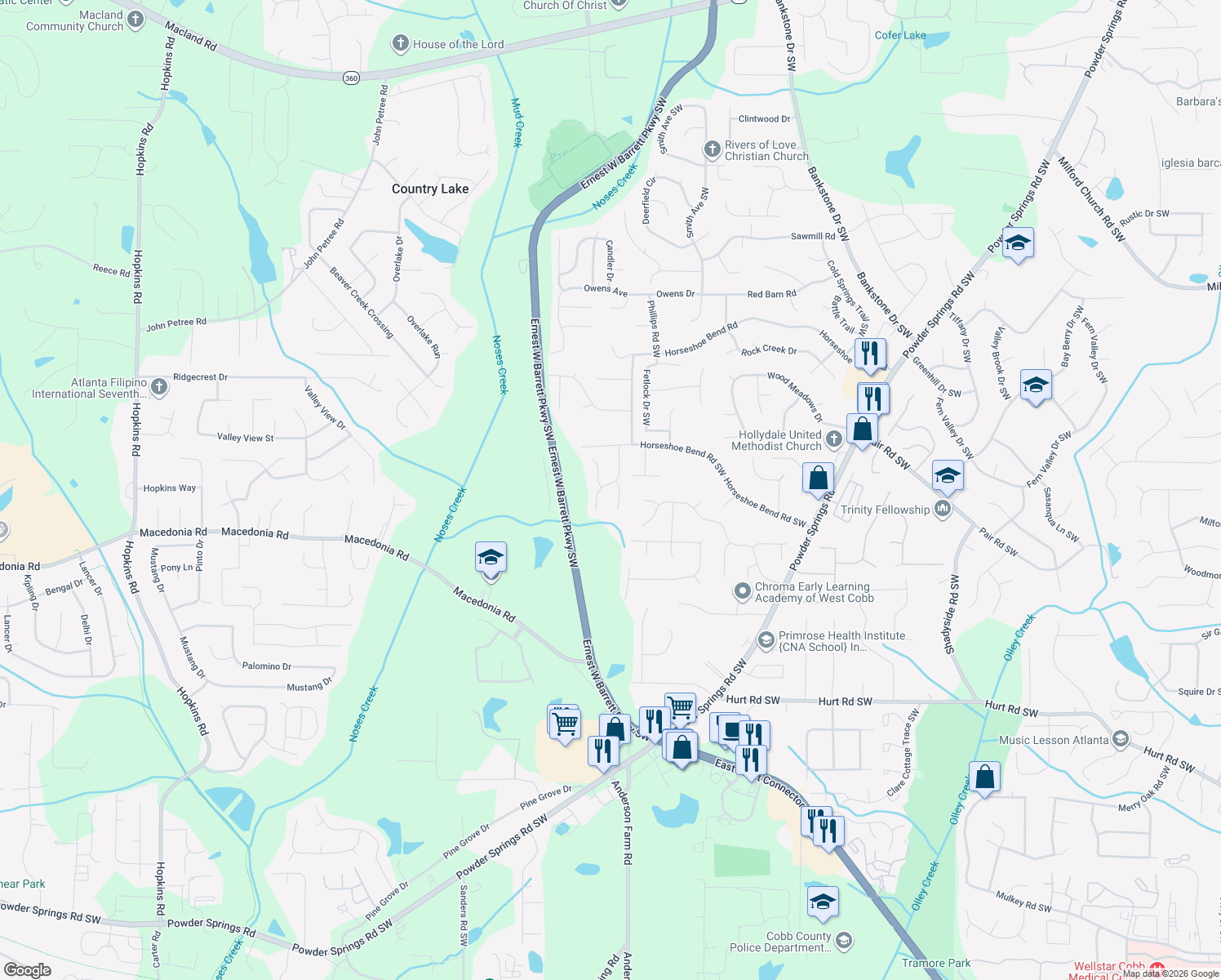 map of restaurants, bars, coffee shops, grocery stores, and more near 3071 Trotters Field Drive Southwest in Marietta