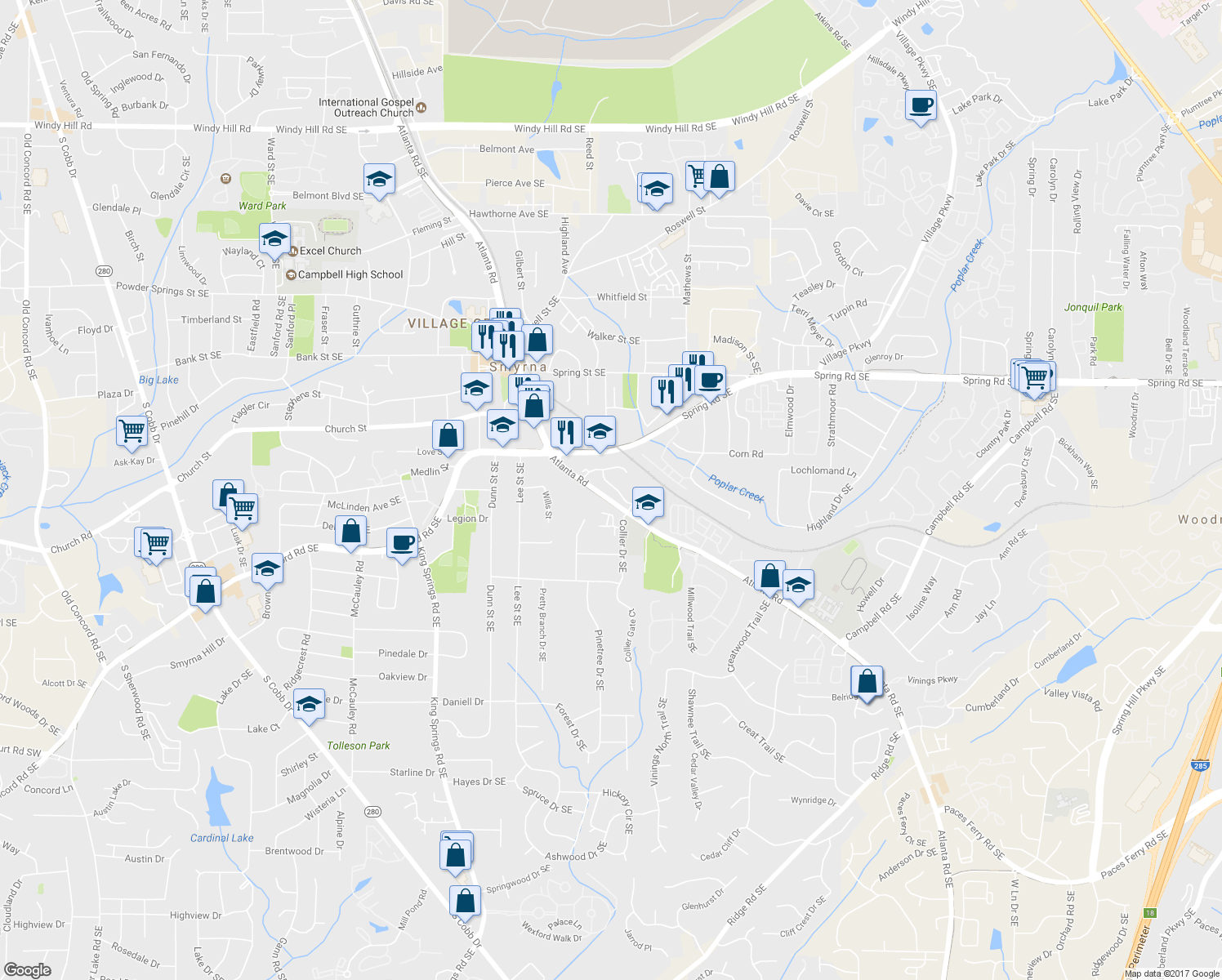 map of restaurants, bars, coffee shops, grocery stores, and more near 3016 Montclair Circle Southeast in Smyrna