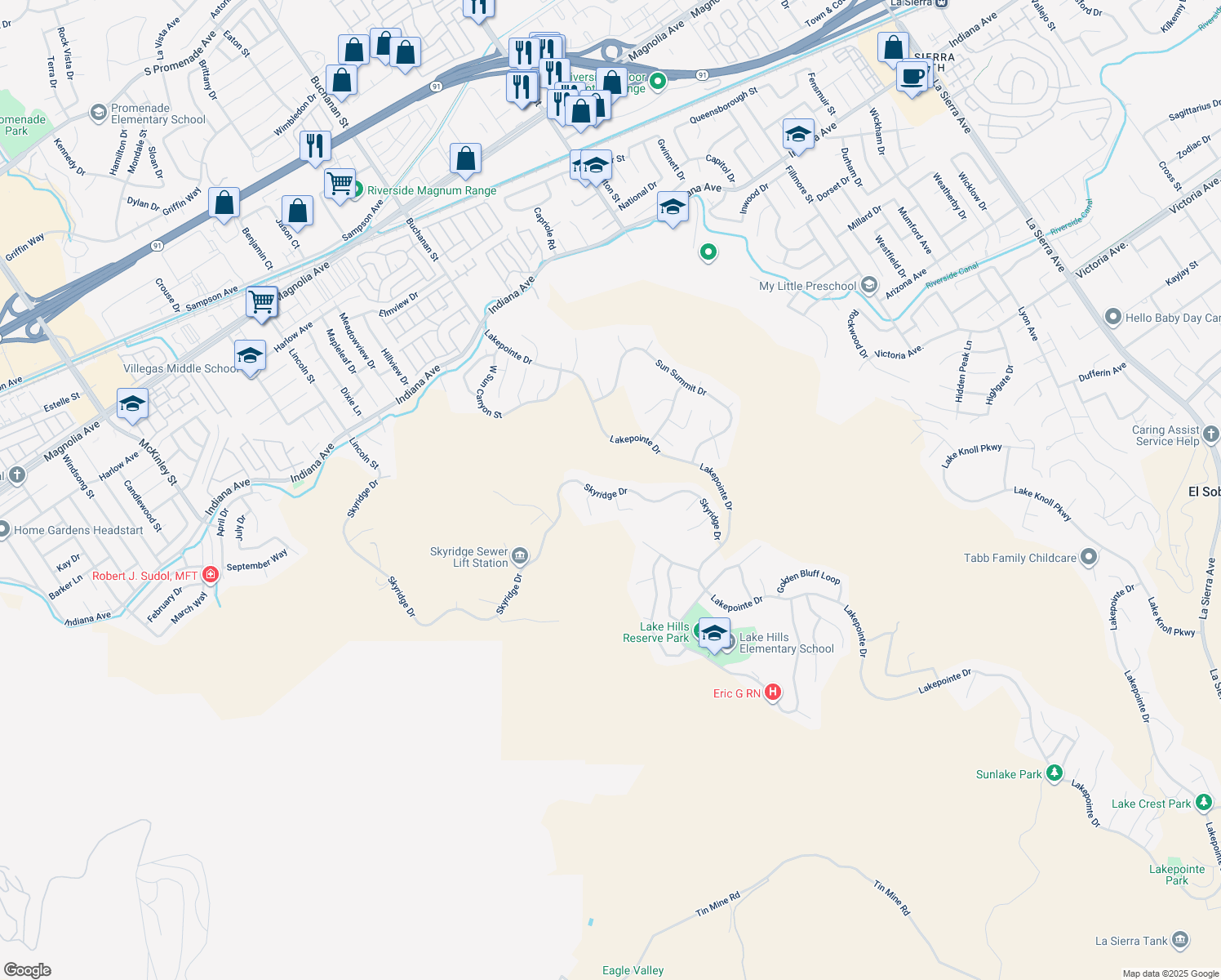 map of restaurants, bars, coffee shops, grocery stores, and more near 16034 Skyridge Drive in Riverside