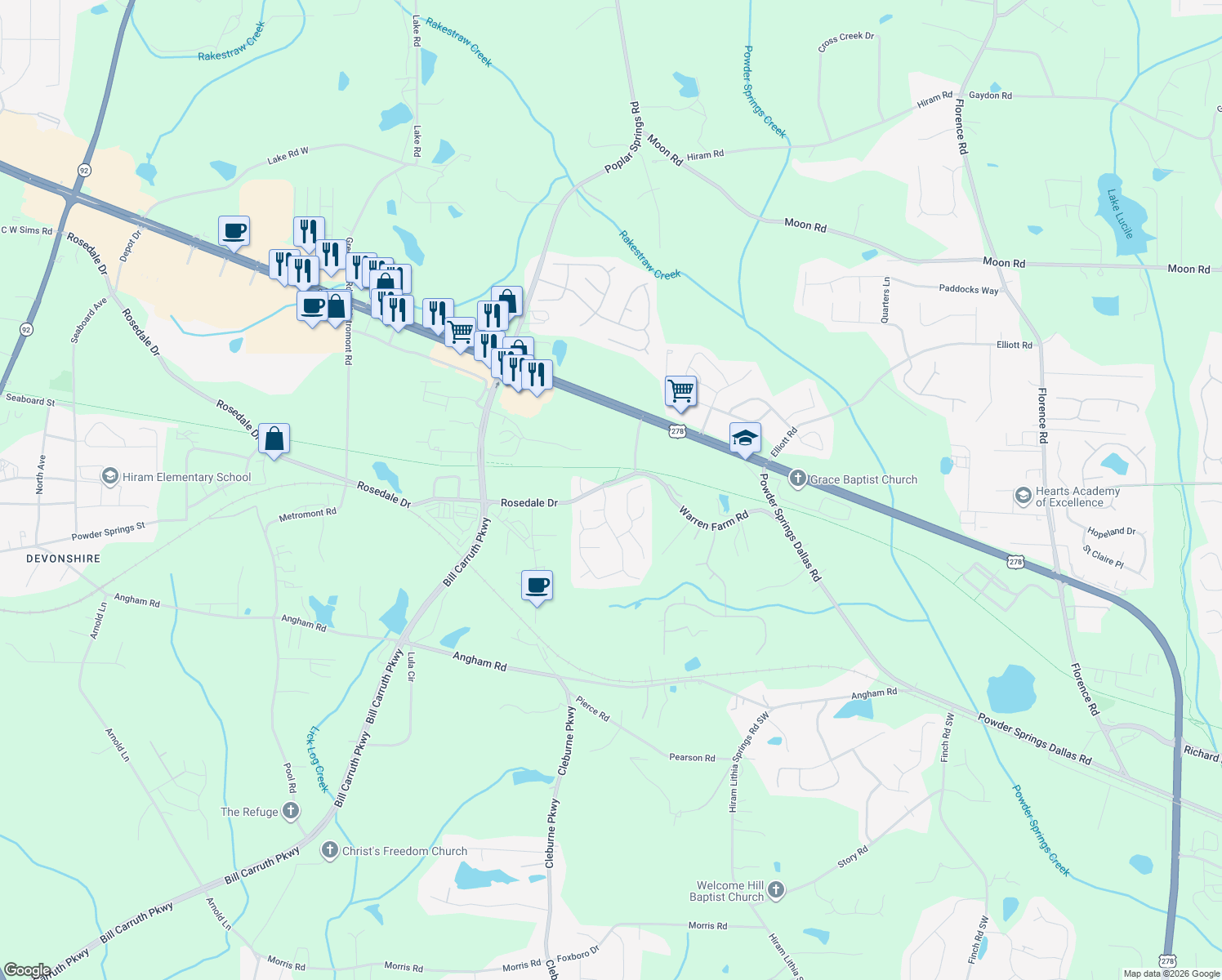 map of restaurants, bars, coffee shops, grocery stores, and more near 11 Chamberlyn Ln in Hiram