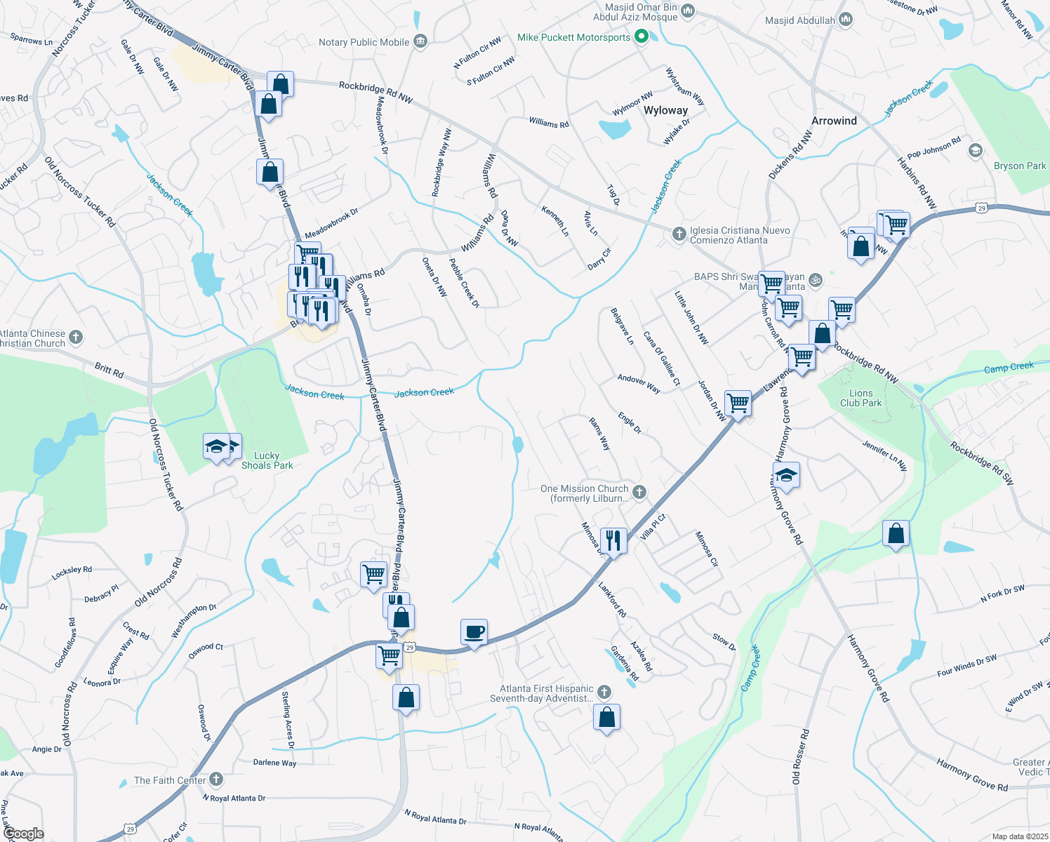 map of restaurants, bars, coffee shops, grocery stores, and more near 497 Fire Fly Drive in Tucker