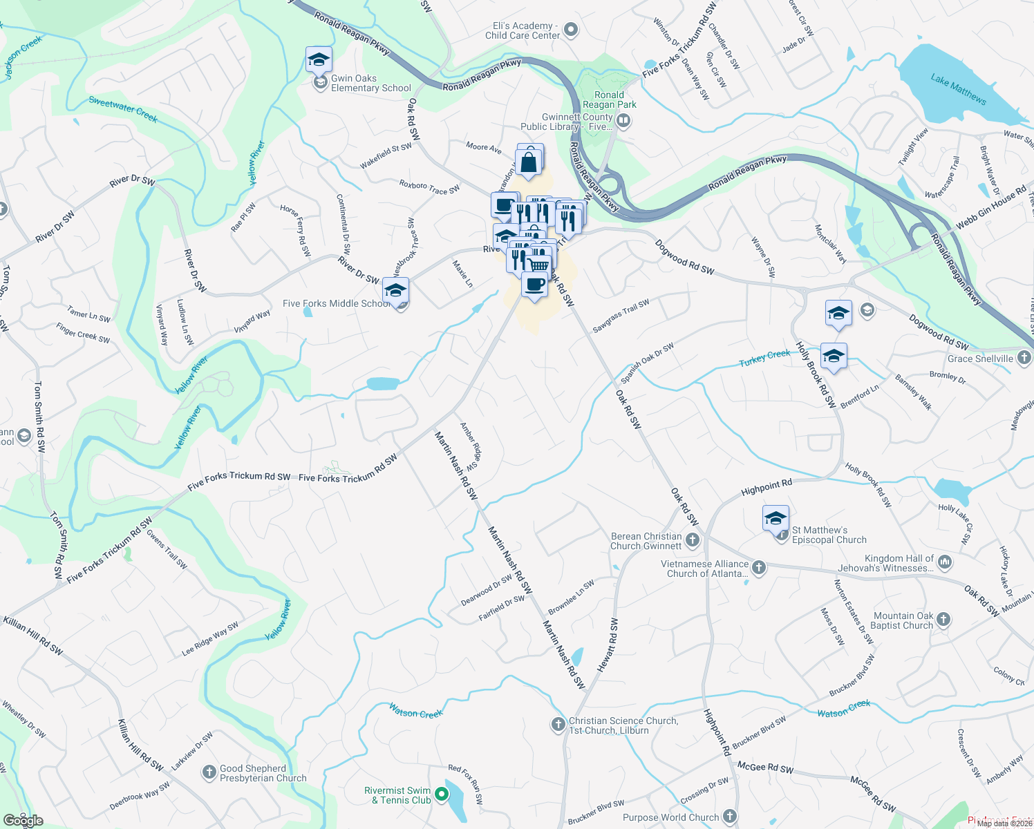 map of restaurants, bars, coffee shops, grocery stores, and more near 3163 Pine Cone Ct SW in Lilburn