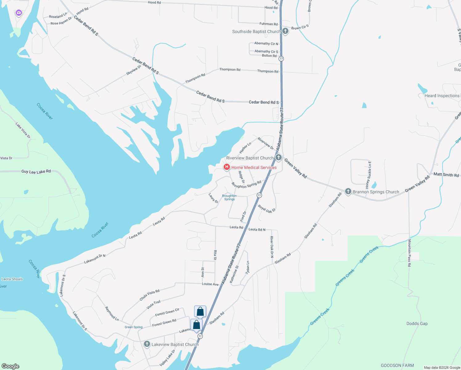 map of restaurants, bars, coffee shops, grocery stores, and more near 2027 James Drive in Gadsden